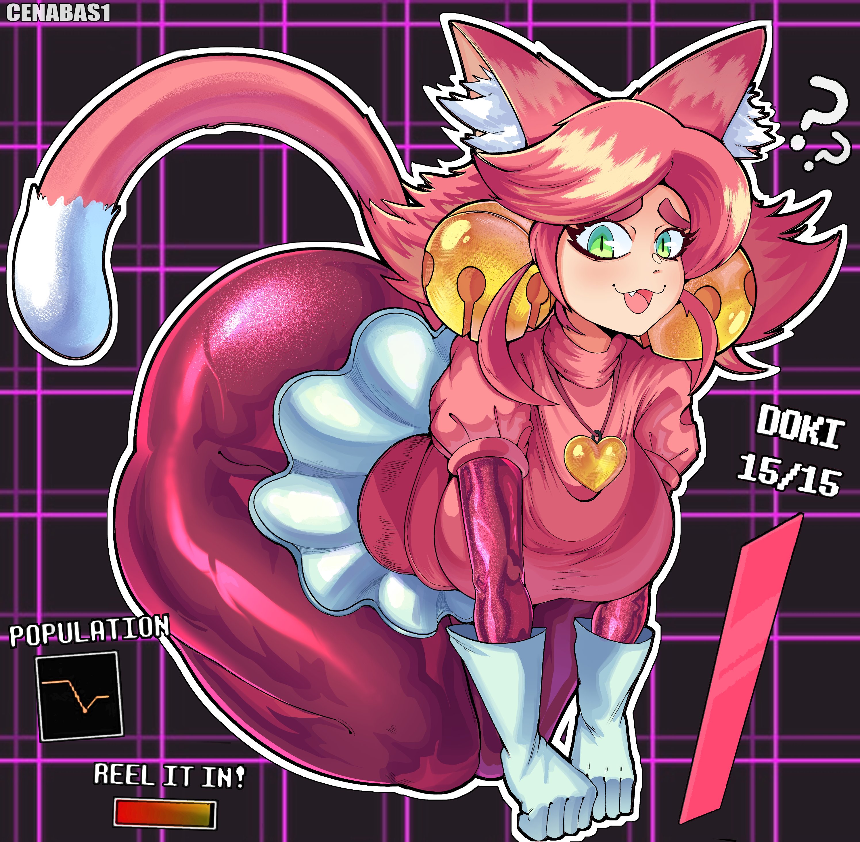 :3, :d, ?, ??, 1girl, 1girls, absurdres, all fours, animal ear fluff, animal ears, ass, bell, bent over, big ass, big breasts, big hair, breasts, cat ears, cat tail, cenabas, deltarune, english text, fang, gloves, green eyes, highres, huge ass, large breasts, long hair, mad mew mew, miniskirt, pantyhose, pink (deltarune), pink hair, seiza, sitting, skirt, smile, solo, stats, tail, thick thighs, thighs, undertale (series), white gloves
