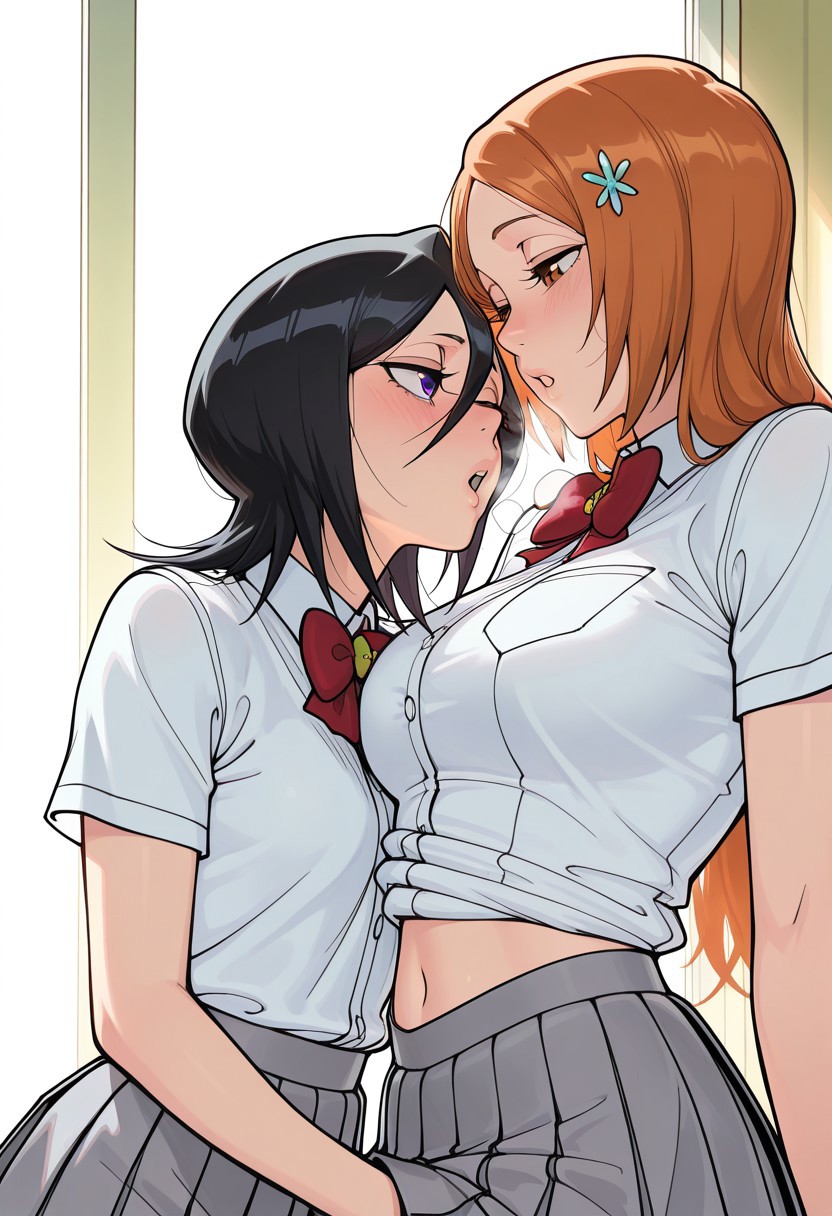 2girls, ai generated, black hair, bleach, female, female only, fingering, fingering under skirt, inoue orihime, long hair, orange hair, rukia kuchiki, short hair, tagme, yuri