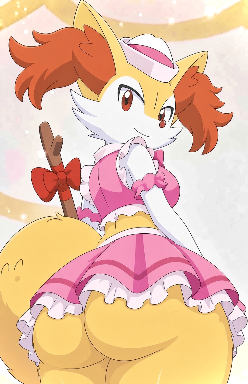 2d, 2d (artwork), 2d art, 2d artwork, accurate art style, accurate artstyle, anime, ass, ass focus, back view, background, big ass, big ass (female), big butt, boobs, bow, bow tie, bowtie, braixen, bubble ass, bubble ass (female), bubble butt, butt, butt cheek, butt cheeks, butt focus, covered breasts, cropped dress, cropped shirt, curvy, curvy body, curvy female, curvy figure, curvy hips, cute, cute clothing, down angle, down view, dress, female, female anthro, female only, femenine, fox, fox ears, fox girl, fox humanoid, fox tail, furry, furry anthro, furry ass, furry female, furry only, game freak, gen 6 pokemon, generation 6 pokemon, girl, girly, hat, looking at viewer, looking back, nintendo, no genitals, no genitals shown, no panties, pink dress, pink shirt, pink skirt, pokemon, pokemon (species), pokemon character, pokemon starter, pokemon xy, pokemon xy (anime), pov, red bow, red bowtie, red eyes, short skirt, skirt, skirt lift, solo, stick, thick thighs, thighs, white fur, wooden stick, yellow ass, yellow body, yellow butt, yellow fur, yellow tail