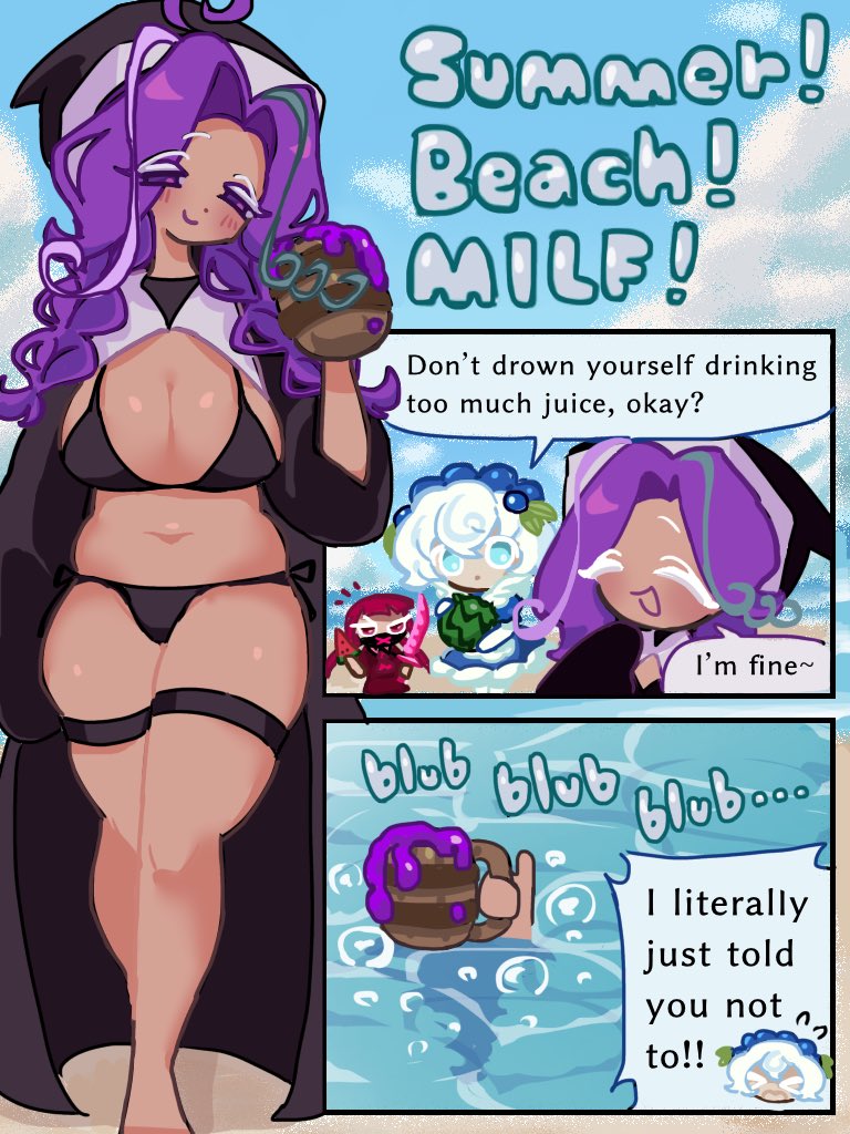1boy, 2girls, beach, berry yogurt cookie, boobs, comic, cookie run, cookie run crumble, dark cherry cookie, grapevine cookie, milf, swimsuit, tagme, yoku o (artist)