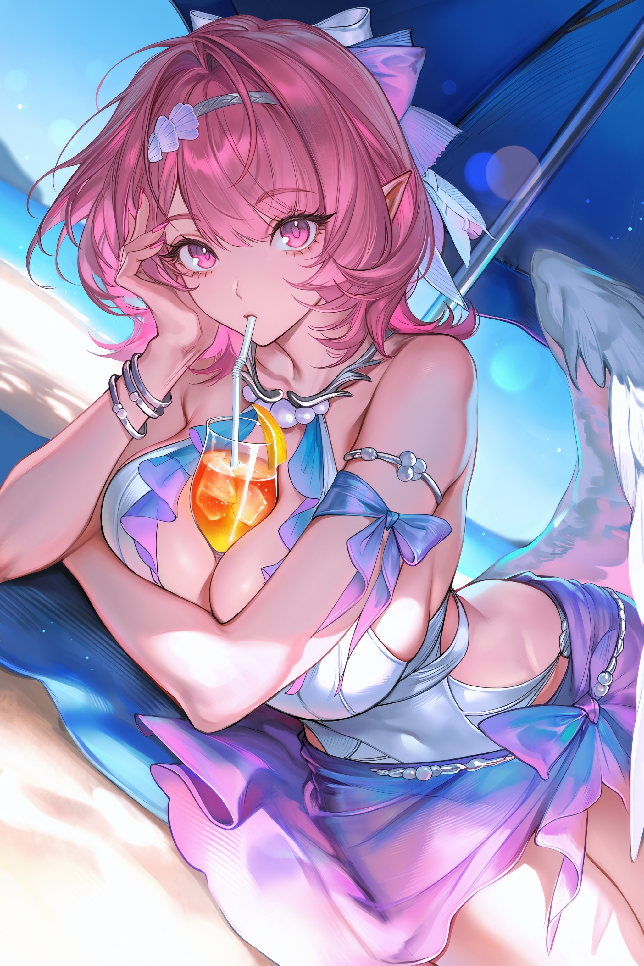 1girls, angel wings, bangs, bare shoulders, beach, bikini, blue ribbon, blue sky, blurry, bow, bracelet, breasts, collarbone, cup, day, drinking glass, drinking straw, eyebrows visible through hair, feathered wings, hair intakes, hair ornament, jewelry, large breasts, looking at viewer, navel, outdoors, pink eyes, pink hair, pointy ears, remielle dan, ribbon, sarong, short hair, sky, solo, swimsuit, umbrella, white wings, wings, zenless zone zero