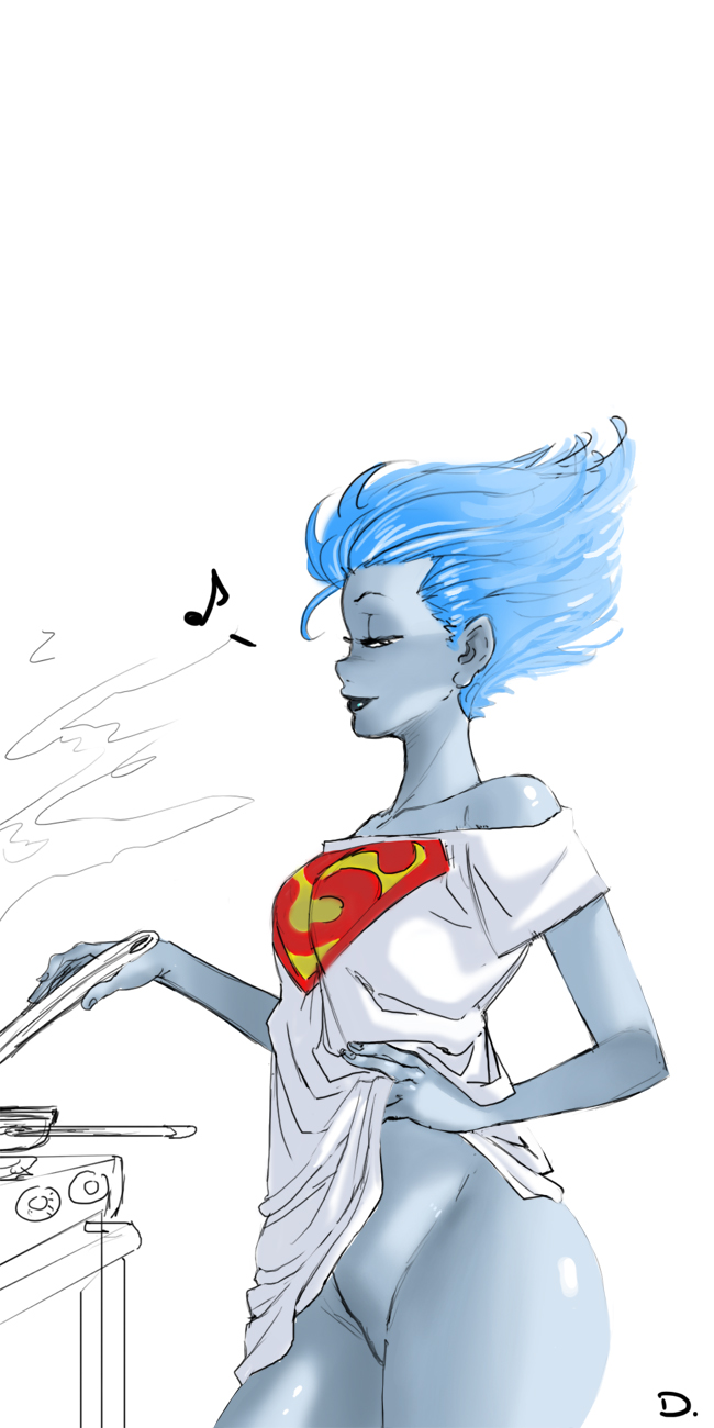 1girls, 2018, artist logo, artist signature, blue skin, blue-skinned female, bottomless, bottomless female, breasts, cooking, d1975, dc, dc comics, dcau, female, female only, livewire, morning after, naked shirt, no sex, signature, sketch, smile, solo, superman (series), superman: the animated series, text