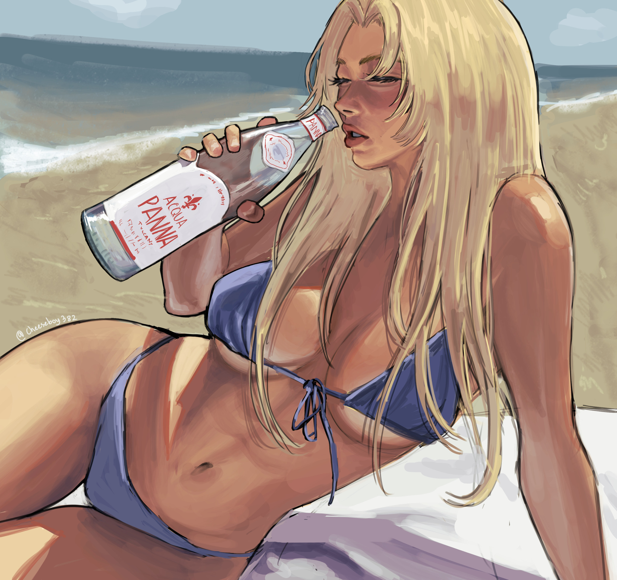 1girl, beach, bikini, blonde female, blonde hair, bottle, breasts, cleavage, closed eyes, drinking, eyelashes, female, female focus, female only, fit female, hourglass figure, hourglass figured female, jujutsu kaisen, long hair, seaside, summer, tan body, tan skin, tan-skinned female, tanned, tsukumo yuki (jujutsu kaisen), underboob, yuki tsukumo