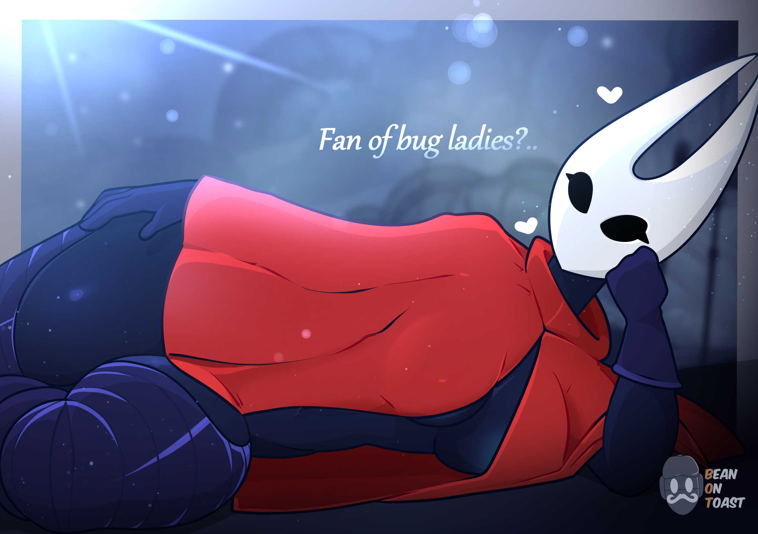 2026, 2d, 2d (artwork), 2d artwork, artist logo, artist name, beanontoast, black body, breasts, bug, bug girl, clothed, clothed female, female, grey face, hollow knight, hornet (hollow knight), horns, red dress, thick thighs