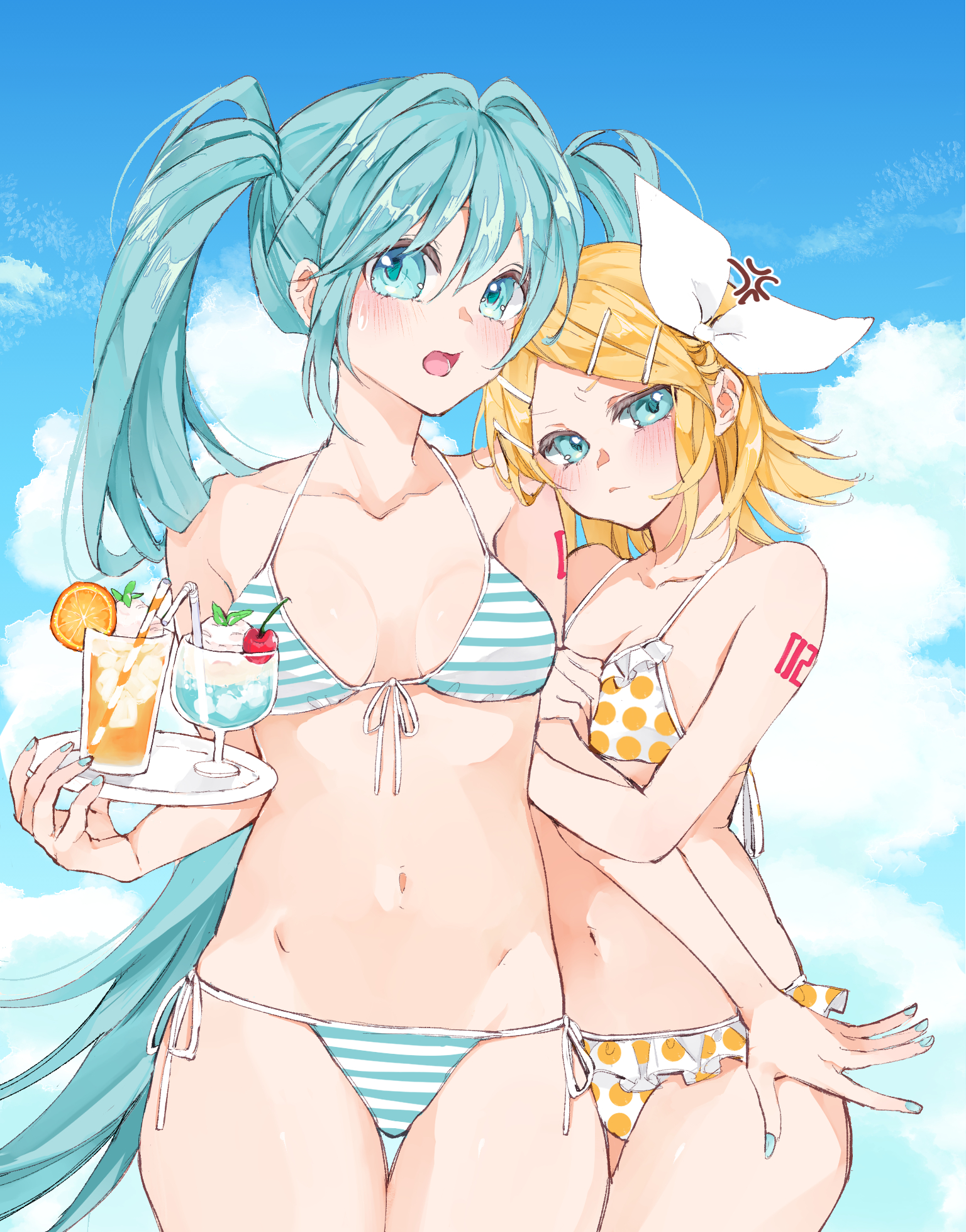 2girls, alternate costume, anger vein, aqua eyes, aqua hair, aqua nails, arm hug, bare shoulders, bikini, blonde hair, blue sky, bow, breasts, cloud, commentary request, drink, food, fruit, hair bow, hair ornament, hairclip, hatsune miku, highres, holding, holding drink, holding tray, kagamine rin, long hair, looking at viewer, medium breasts, mimi mine, multiple girls, number tattoo, open mouth, orange (fruit), parallel hairclips, polka dot, polka dot bikini, short hair, sky, small breasts, striped bikini, striped clothes, swimsuit, tattoo, thick thighs, thighs, tray, twintails, very long hair, vocaloid, white bow