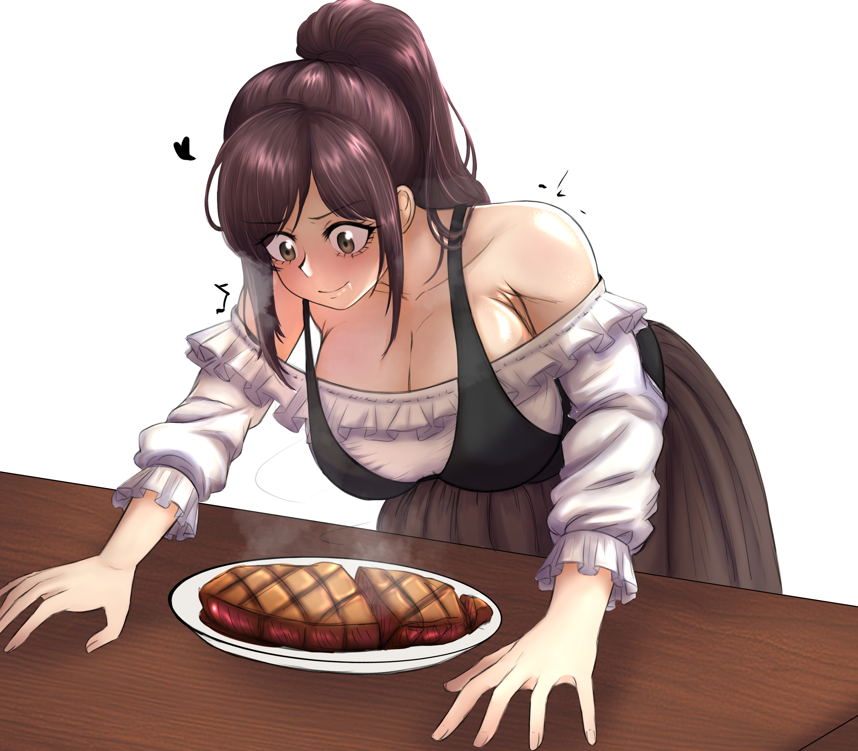 1girl, attack on titan, bare shoulders, bending over, big ass, big breasts, blush, brown eyes, brown hair, cleavage, dress, female, female only, food, happykon, highres, huge ass, huge breasts, large ass, large breasts, long dress, ponytail, sasha braus, shingeki no kyojin, skirt, smile, smiling, solo, solo female, table, voluptuous