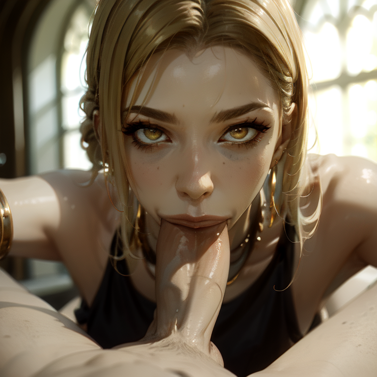 1boy 2d ai_generated big_penis blonde_hair blowjob elden_ring eldersound female fromsoftware jewelry looking_at_partner looking_at_viewer oral_sex queen_marika_the_eternal sucking_penis veiny_penis yellow_eyes