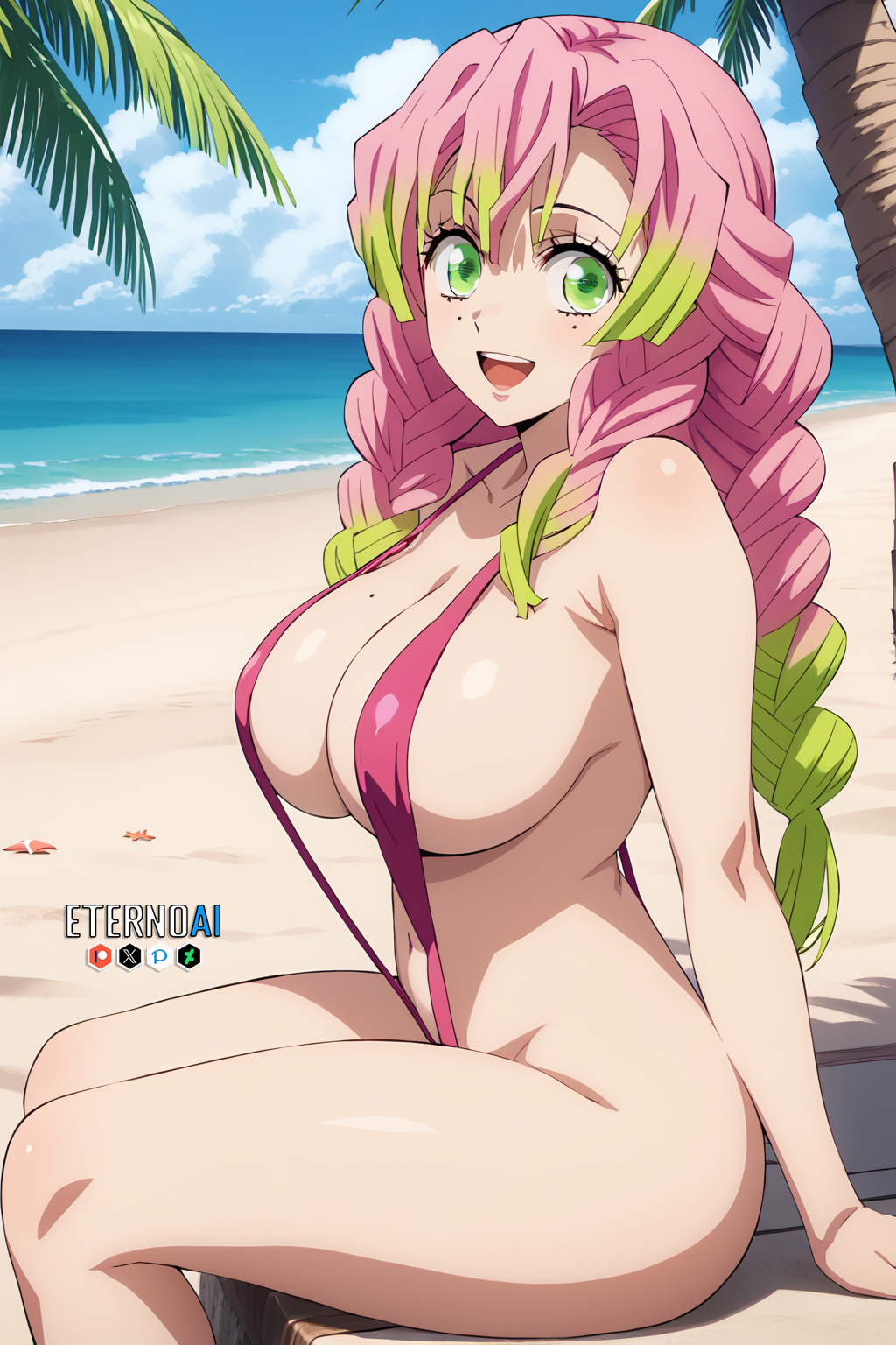 1girls ai_generated artist_name ass bangs bare_shoulders beach beauty_mark big_ass big_breasts braid braided_hair breasts cleavage clothing cloud collarbone curvy day demon_slayer eternoai eyelashes female female_focus female_only green_eyes green_hair highres hips human kanroji_mitsuri large_ass large_breasts long_hair looking_at_viewer mole mole_under_eye mouth multicolored_hair nai_diffusion navel ocean one-piece_swimsuit open_mouth outdoors palm_tree pink_hair pinup plant revealing_clothes sand shiny_skin side_view sideboob sitting skimpy sling_bikini smile solo solo_female stable_diffusion swimsuit teeth thick_thighs thighs tree two-tone_hair voluptuous water watermark wide_hips