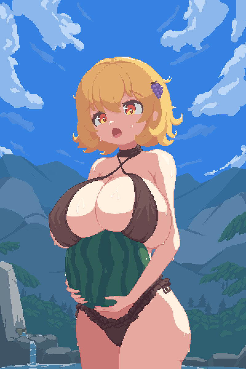 1girls big_breasts bikini black_bikini black_swimsuit blonde_hair breasts huge_breasts large_breasts minoriko_aki pixel_art rioku solo solo_focus swimsuit touhou watermelon yellow_eyes