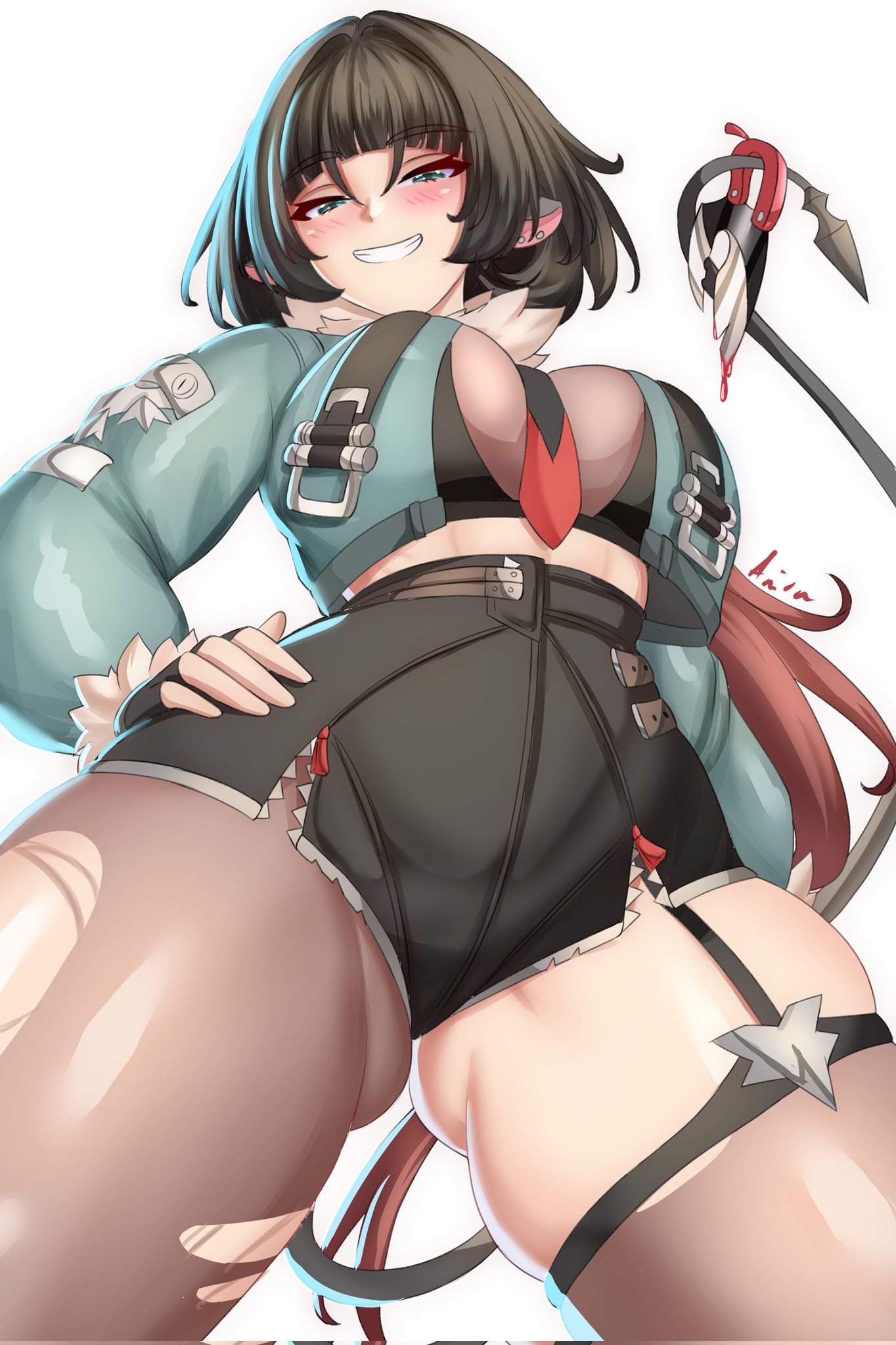 1girls, anisdrawn, breasts, female, hi res, huge breasts, jane doe (zenless zone zero), light skin, light-skinned female, naughty face, short hair, smile, thick thighs, zenless zone zero