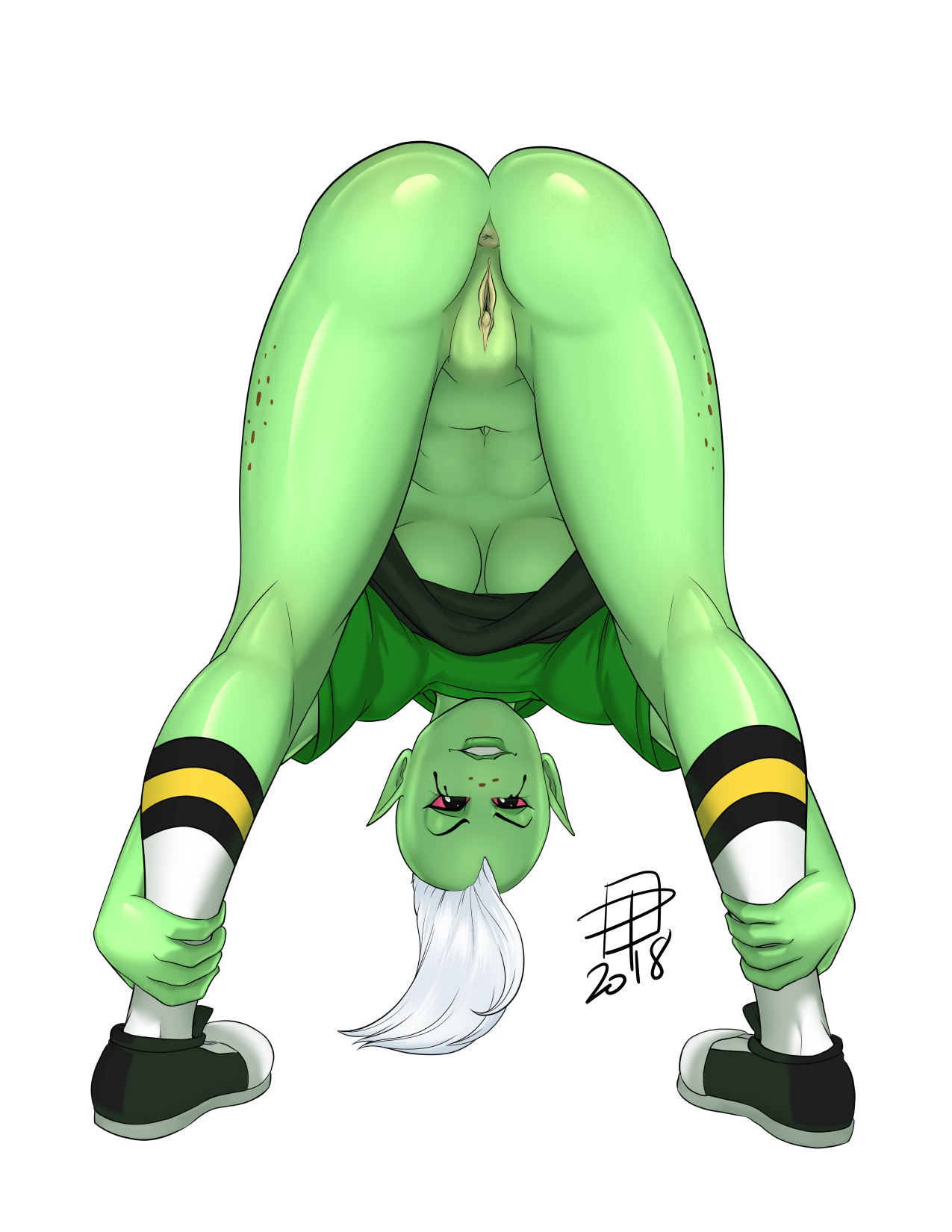 1girls, 2018, alien, alien girl, anus, ass, bent over, big ass, bottomless, breasts, callmepo, clitoris, dated, disney, female, female only, flexible, footwear, freckles, full body, green skin, hairless pussy, kneepits, large breasts, looking at viewer, lord dominator, mohawk, navel, pink sclera, pointy ears, pussy, runny makeup, shoes, signature, smile, socks, underboob, wander over yonder, white hair