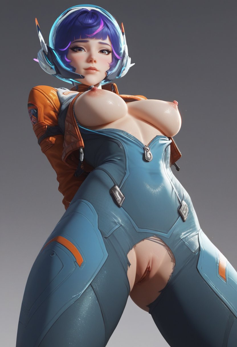 ai_generated areola areolae arms_behind_back bare_arms bodysuit duchess_eugene embarrassed embarrassed_nude_female helmet jacket jacket_open juno_(overwatch) low-angle_view nipple_bulge nipples overwatch overwatch_2 ripped_bodysuit ripped_clothes ripped_clothing ripped_pants shy space spacesuit stable_diffusion tagme unzipped unzipped_bodysuit