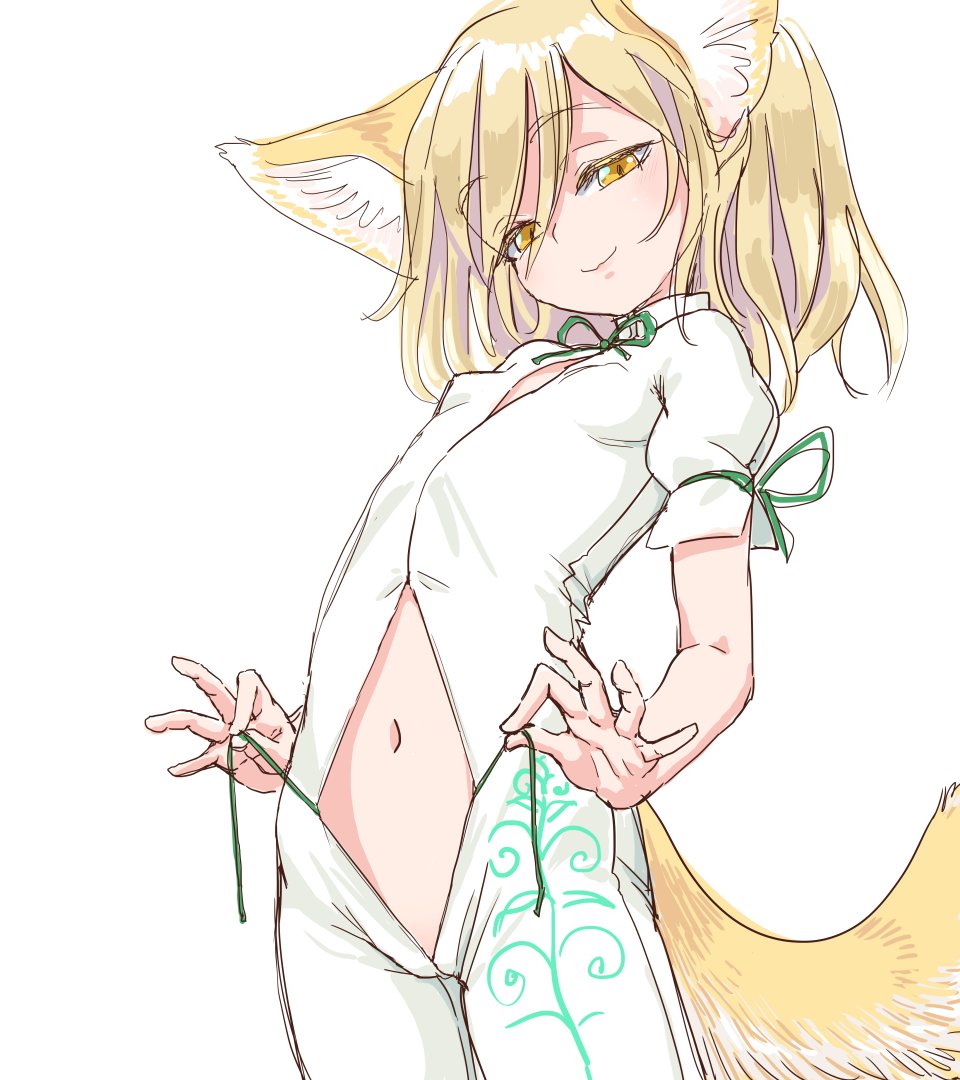 animal_ear_fluff animal_ears blonde_hair closed_mouth commentary_request female flat_chest fox_ears fox_girl fox_tail green_ribbons holding knees_out_of_frame kudamaki_tsukasa looking_at_viewer medium_hair midriff_peek puffy_short_sleeves puffy_sleeves ribbon s-a-murai short_sleeves simple_background solo standing tail touhou undressing untying white_background white_romper yellow_eyes yellow_tail