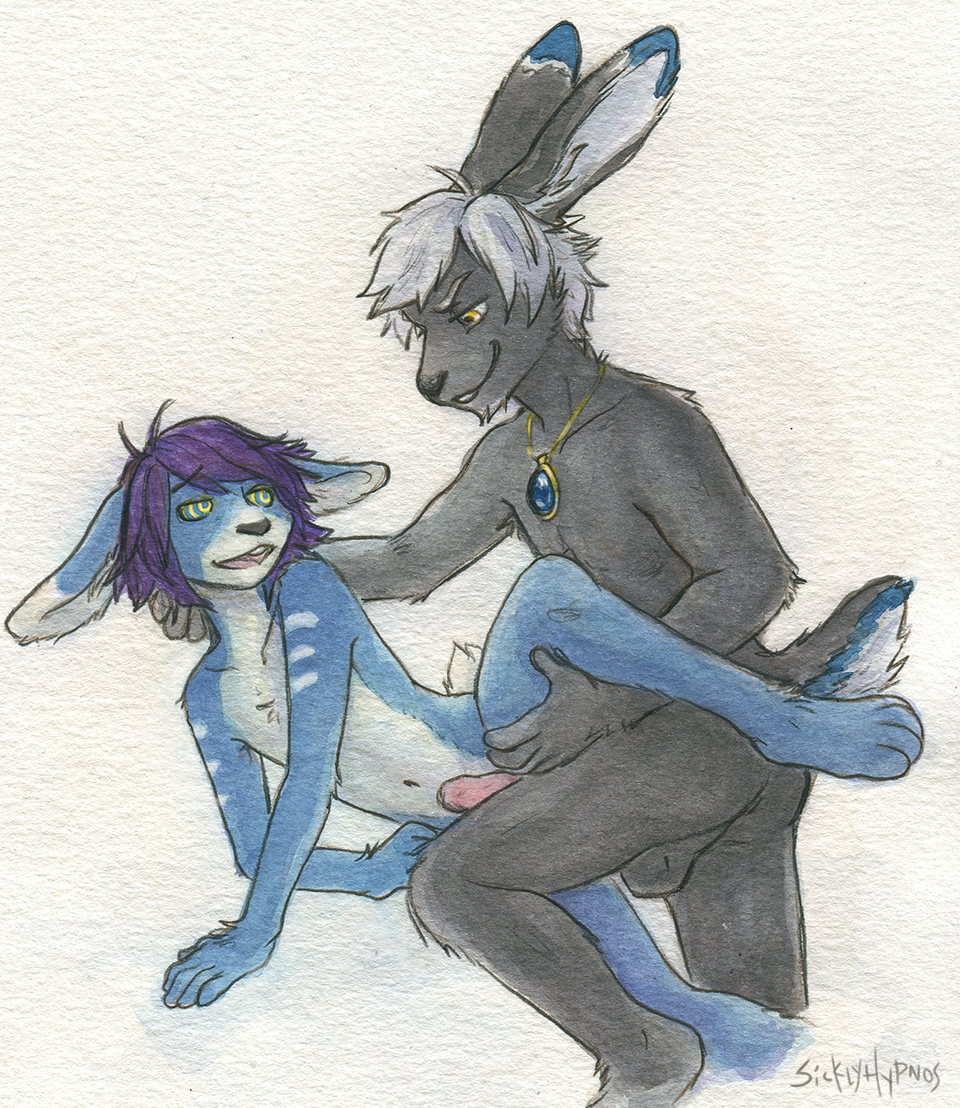 2016 anal anal_sex anthro anthro_on_anthro balls blue_fur duo erection fur hypnosis jewelry lagomorph male male_penetrating mammal mind_control navel necklace open_mouth penetration penis rabbit sicklyhypnos simple_background smile white_background yaoi