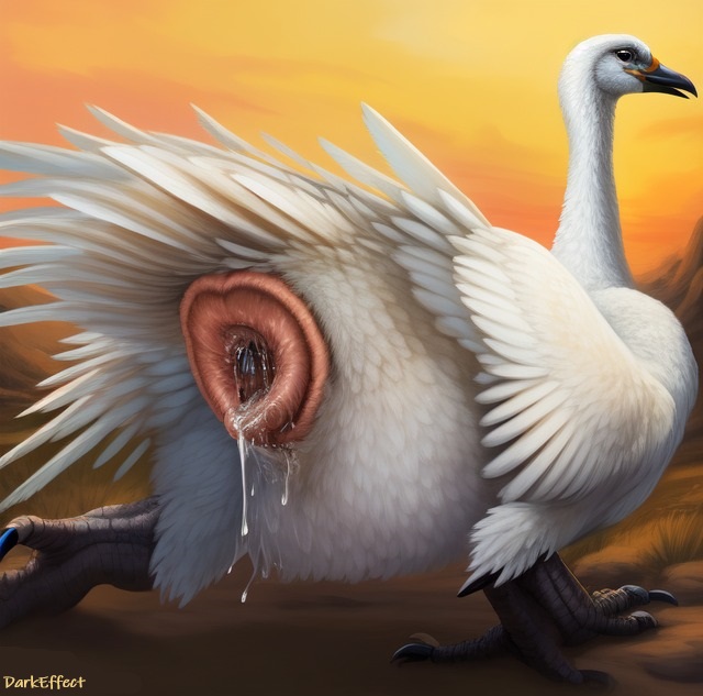 1girls after_sex ai_generated avian beak bent_over bird cloaca cloaca_juice darkeffect feathers female_only feral field_background furry gape gaped gaping gaping_cloaca looking_back presenting_hindquarters rear_view skinny_legs swan talen wings