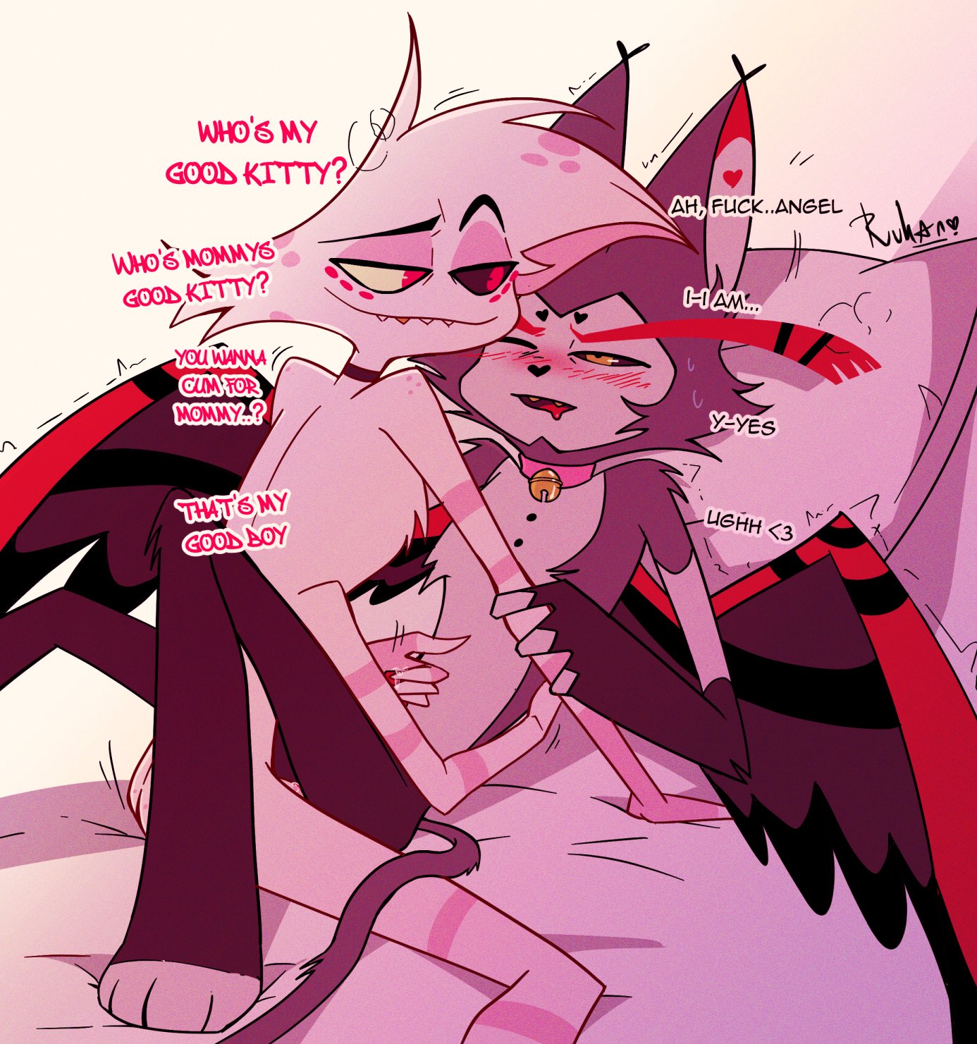 angel dust (hazbin hotel), bed, blush, collar, cum, dirty talk, gay, handjob, hazbin hotel, husk (hazbin hotel), male, rukan, smirk, stroking, wings