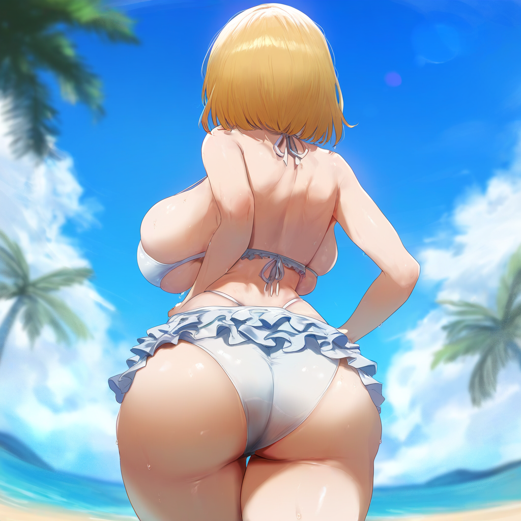 ai generated, ameanon, ass, backboob, beach, big ass, big breasts, bikini, blonde hair, breasts, female, frilled bikini, from behind, hololive, hololive english, hololive myth, huge breasts, large ass, large breasts, mommy, thick thighs, virtual youtuber, vtuber, watson amelia