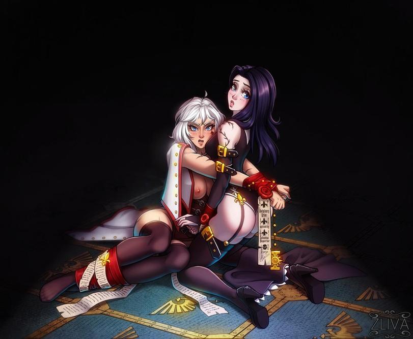 adepta_sororitas black_hair blue_eyes bondage imperium_of_man looking_at_viewer purity_seal sister_of_battle warhammer_(franchise) warhammer_40k white_hair zliva