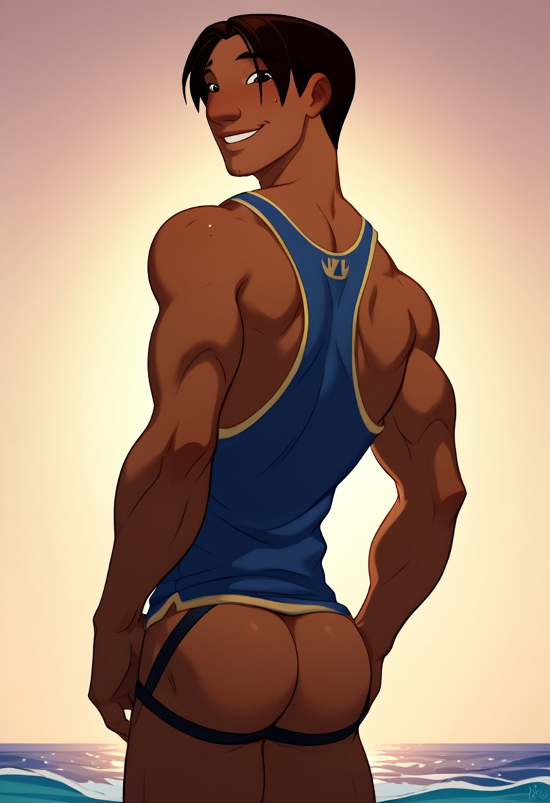 ai_generated ass back beach biceps black_hair blush david_kawena gay jockstrap jockstrap_only lilo_and_stitch looking_at_viewer looking_back male male_only muscular muscular_male smile tan_body toned_body toned_male twall97