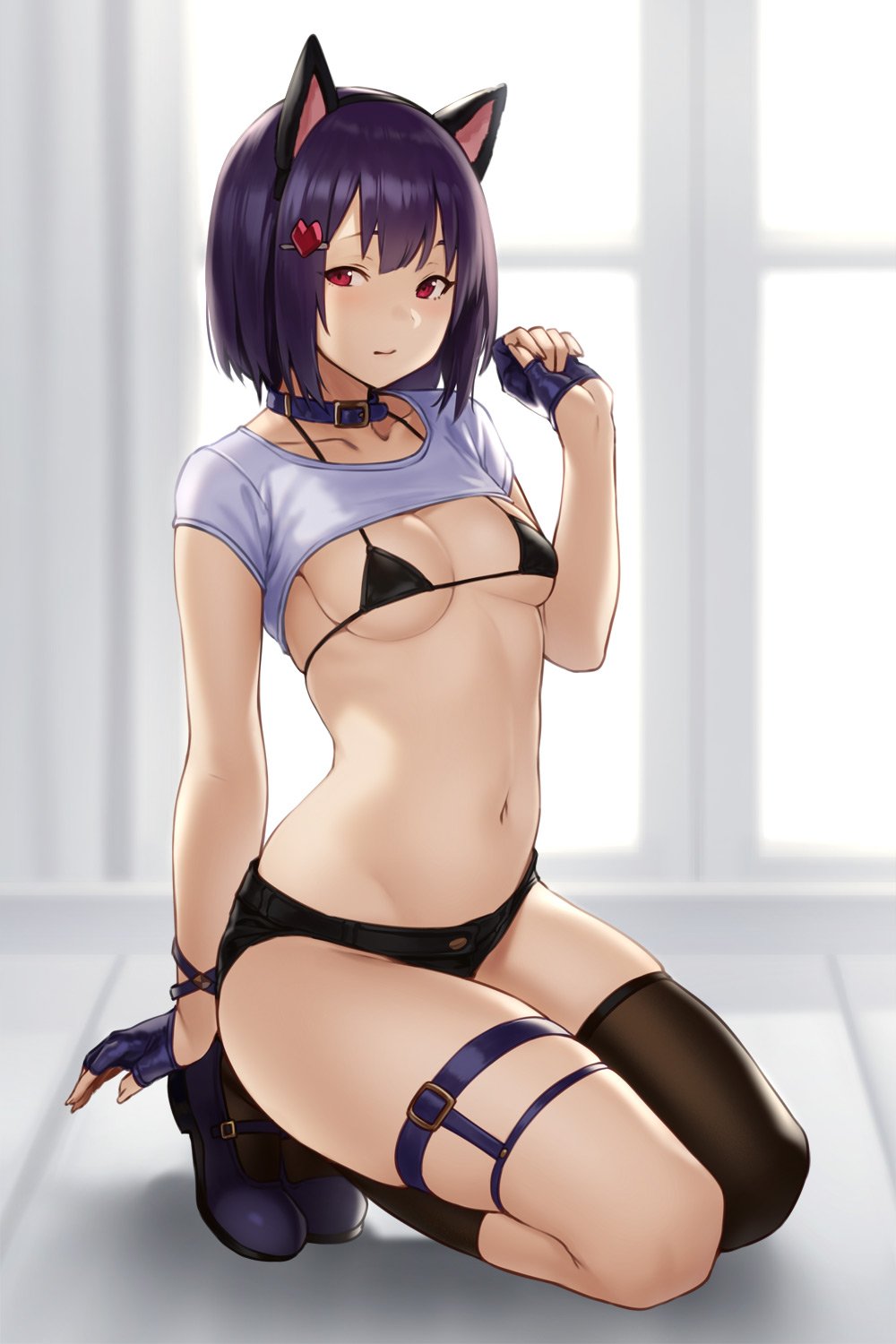 animal ears, asymmetrical legwear, bangs, bikini, bikini bottom, bikini top, black legwear, breasts, buttons, cat ears, choker, closed mouth, collar, collarbone, fake animal ears, female, female only, fingerless gloves, fingernails, full body, gloves, hair ornament, hairband, hairclip, high resolution, highres, houtengeki, indoors, kneeling, looking at viewer, mary janes, medium breasts, midriff, navel, original, purple hair, red eyes, shoes, short hair, short shorts, short sleeves, shorts, solo, tank top, thighs