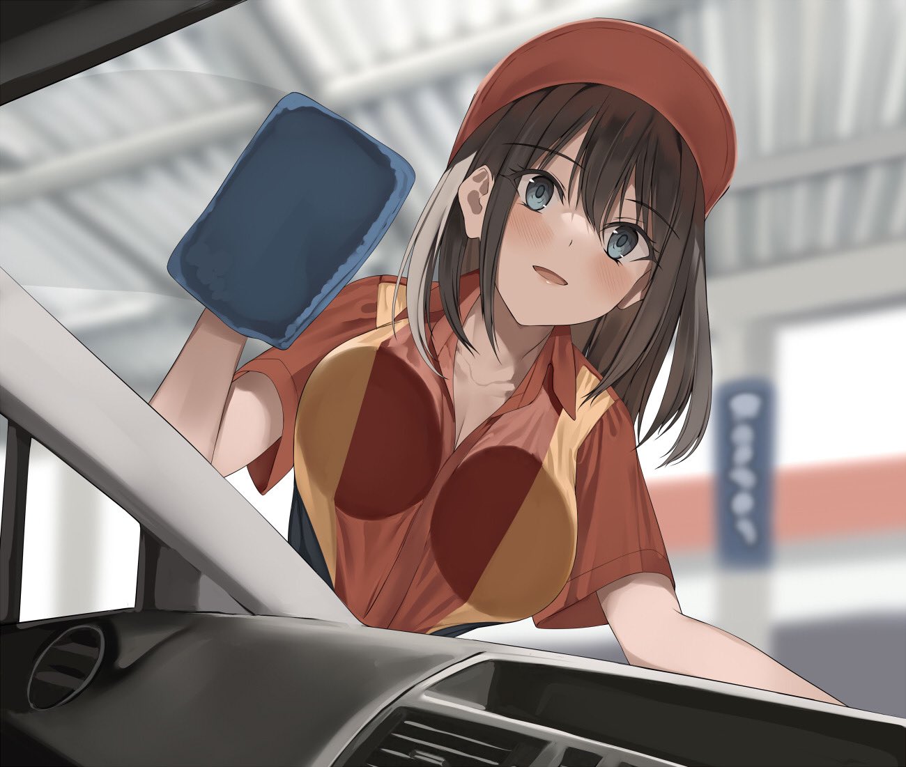 :d against_glass baseball_cap blue_eyes blush breast_press breasts breasts_on_glass brown_hair car_interior car_wash_(place) collarbone collared_shirt female hair_between_eyes hat holding_cloth huge_breasts indoors kureha_(ironika) leaning_to_the_side long_hair looking_at_viewer open_mouth orange_shirt original red_hat red_shirt shirt short_sleeves sidelocks smile solo straight_hair two-tone_shirt uniform upper_body washing_vehicle windshield wiping