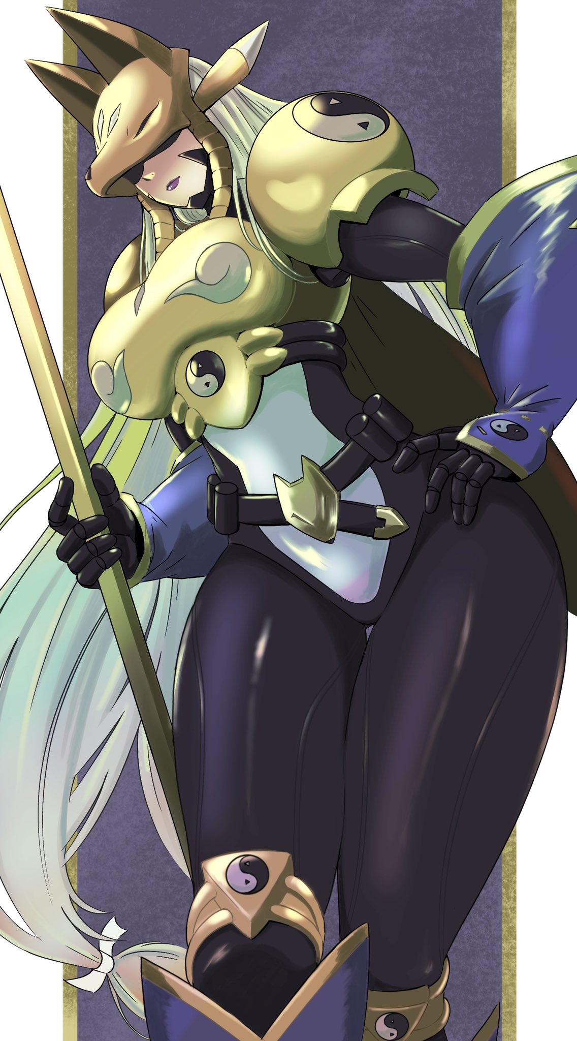 1girls 2d 2d_(artwork) artist_request below_view black_bodysuit boots breasts covering_breasts curvy curvy_body curvy_female digimon digimon_(species) female_focus female_only fox_girl fox_mask full_armor full_body fully_clothed hand_on_hip handwear highres holding_weapon humanoid latex light-skinned_female long_hair mas_square mask milf purple_lipstick sakuyamon thick_thighs thighs tight_clothing white_hair yin_yang