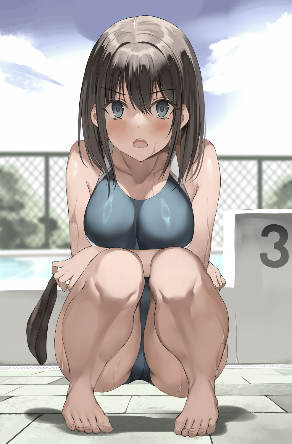 1girls barefoot black_hair blue_eyes blush breasts chain-link_fence chainlink_fence cloud collarbone commentary_request day feet female fence hair_between_eyes hat highres holding holding_hat holding_unworn_clothes kureha_(ironika) looking_at_viewer medium_breasts one-piece_swimsuit open_mouth original outdoors pool poolside sky solo squatting swim_cap swimcap swimsuit tile_floor tiles toes tsubasa_(kureha) unworn_swim_cap v-shaped_eyebrows wet