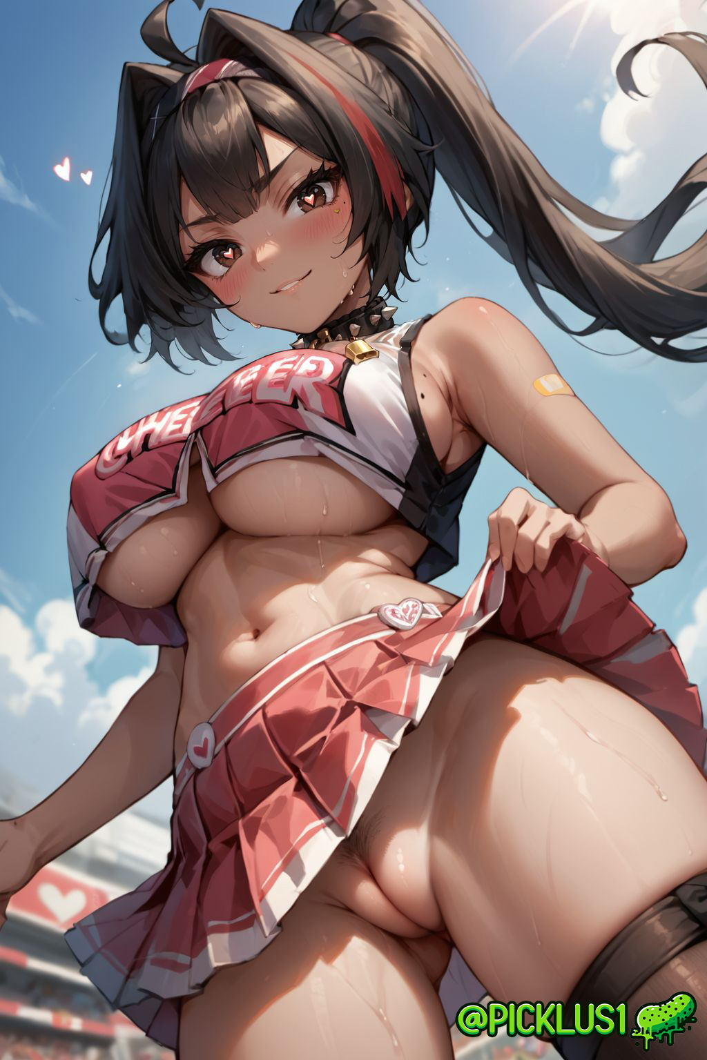 ai_generated bandage bay_(nikke) blush breasts brown_hair cheerleader female goddess_of_victory:_nikke hairband heart heart-shaped_pupils looking_at_viewer navel outdoors ponytail pubic_hair pussy skirt smile smiling_at_viewer sweat tan_body tan_skin thighhighs uncensored underboob upskirt