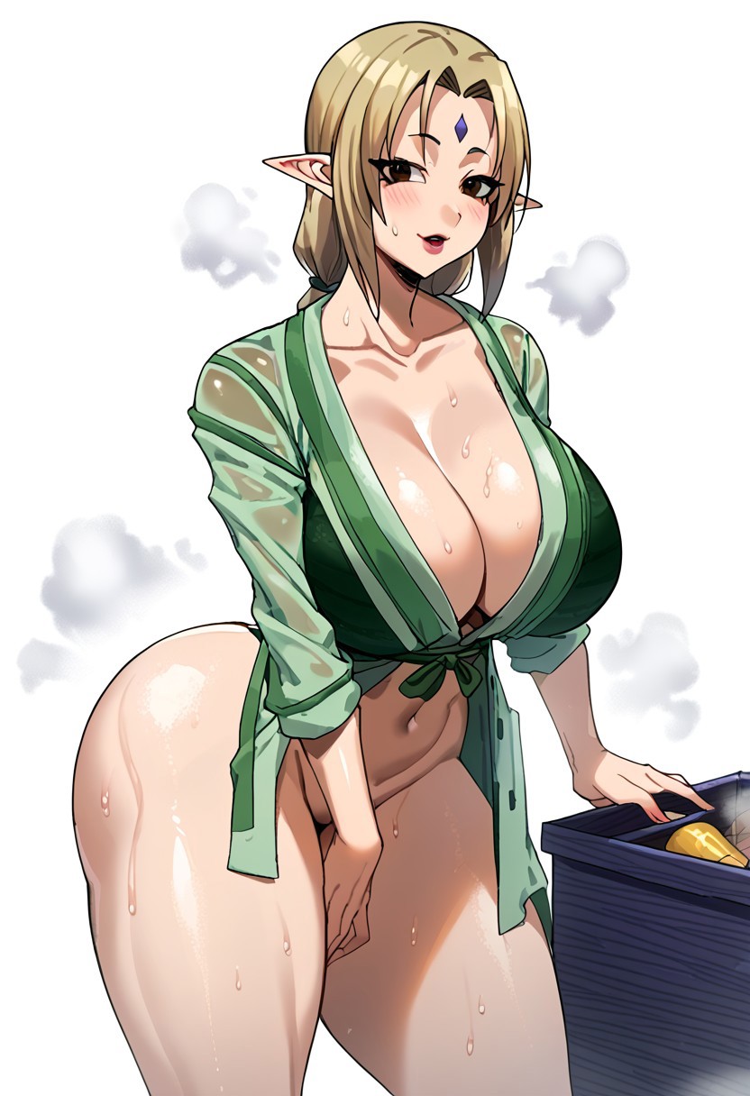 ai_generated bathrobe elf_ears female_only hi_res hourglass_figure musk naruto_(series) thick_thighs tsunade wet_body wide_hips