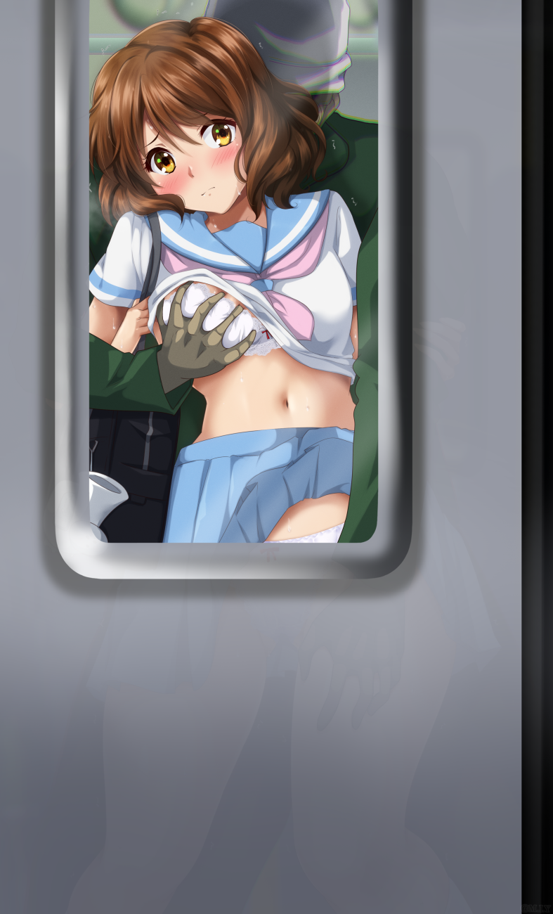 1girls 2020s 2023 blush bra breast_grab breasts brown_hair chikan clothes_lift from_outside gold_eyes hi_res hibike!_euphonium looking_at_viewer m.i.y medium_breasts midriff molestation multiple_boys navel oumae_kumiko paid_reward_available panties school_uniform serafuku skirt skirt_lift through_window variant_set window