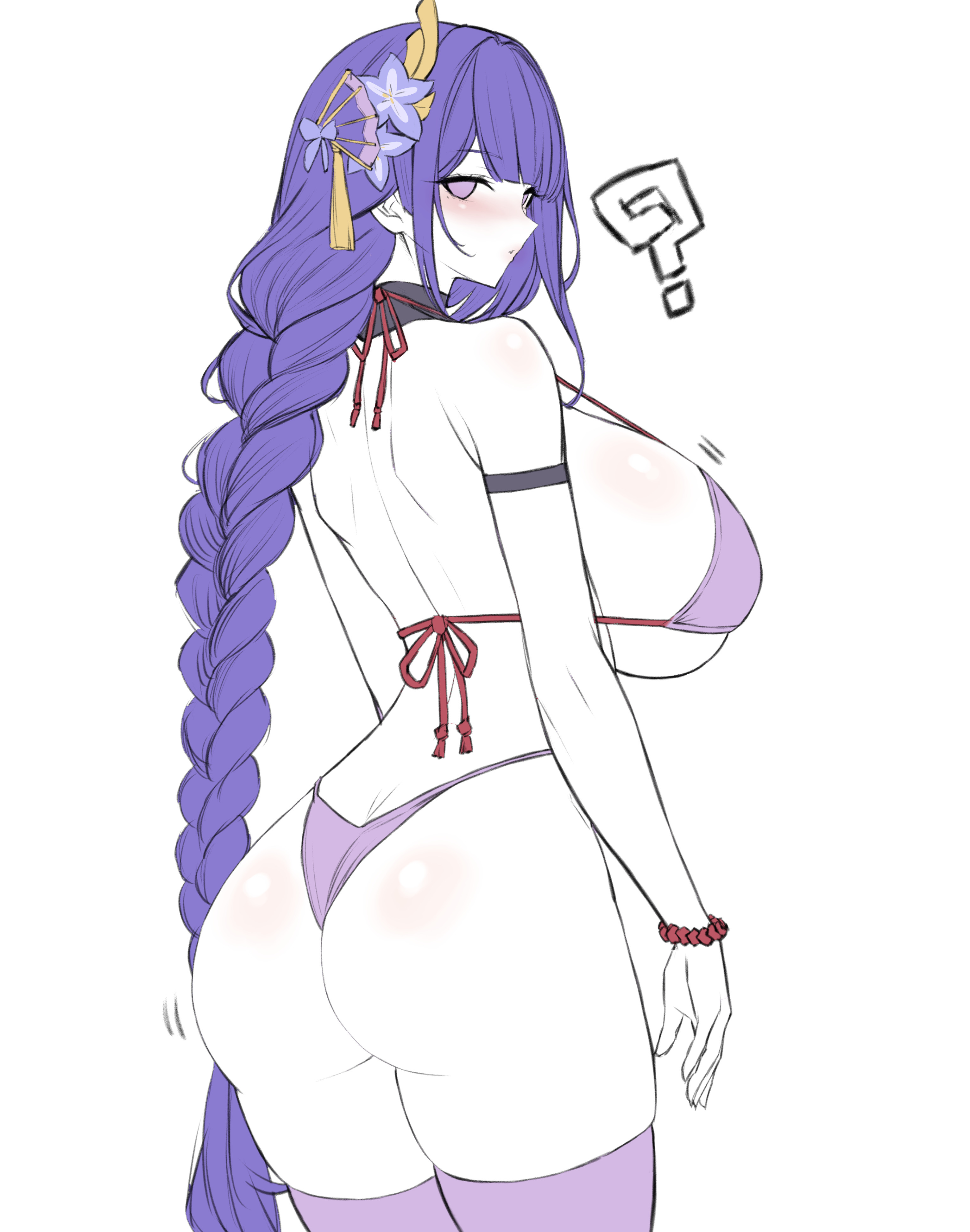 ass, blush, bra, breasts, female, female only, genshin impact, huge breasts, legwear, long, looking at viewer, looking back, mihoyo, purple eyes, purple hair, raiden shogun, rear view, thick legs, uncolored, white background, wolffeld price