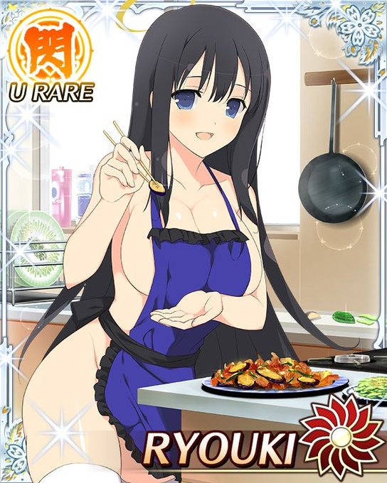 1girls apron black_hair blue_eyes breasts chopsticks food frying_pan fu-reiji holding_chopsticks kitchen large_breasts long_hair looking_at_viewer naked_apron plate ryouki_(senran_kagura) senran_kagura thighhighs window