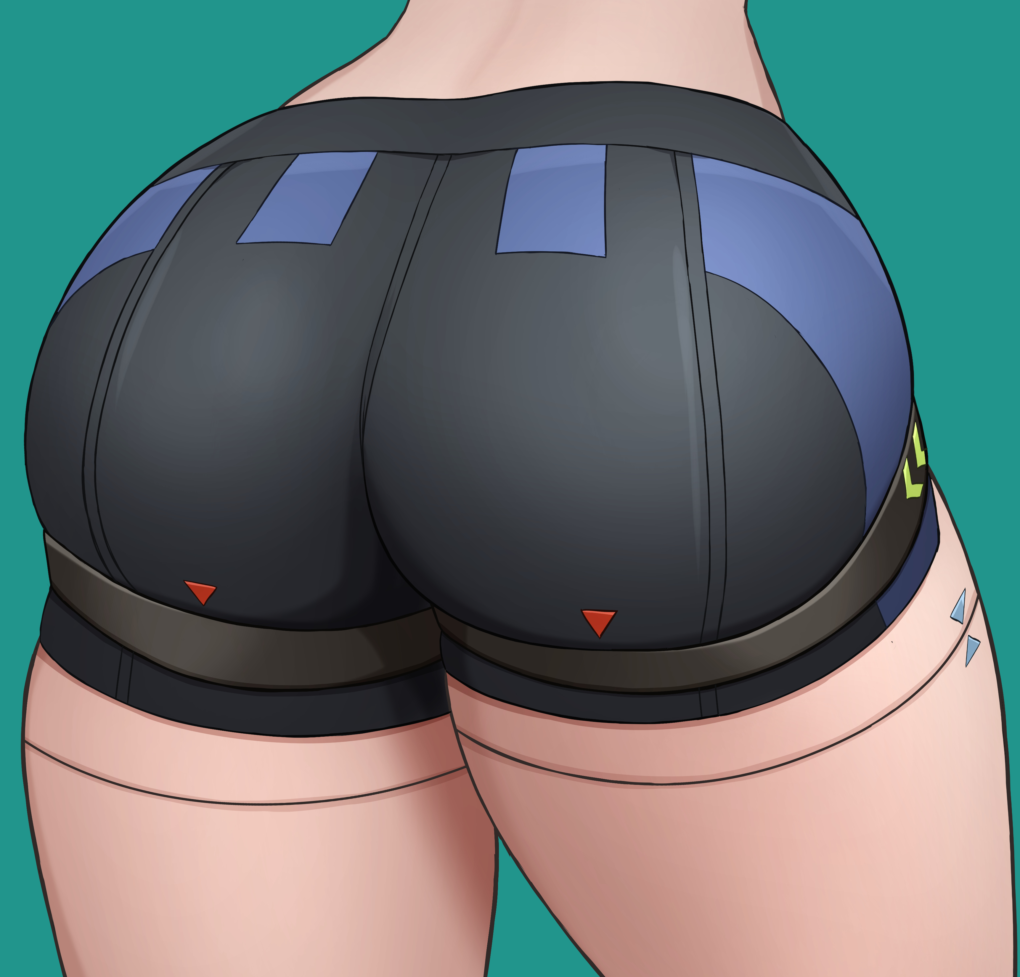 android, ass, ass focus, child bearing hips, fat ass, female, from behind, head out of frame, huge ass, new eridu public security, qingyi (zenless zone zero), ryuseiart, short shorts, shorts, solo, zenless zone zero