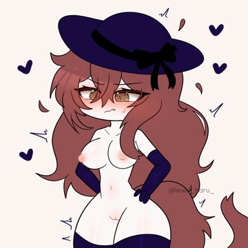 big breasts, big hips, big thighs, blush, breasts, brunette, brunette hair, elbow gloves, embarrassed, female, gacha, hands on hips, lewd haru (artist), long hair, nude, nude female, tail, thighhighs
