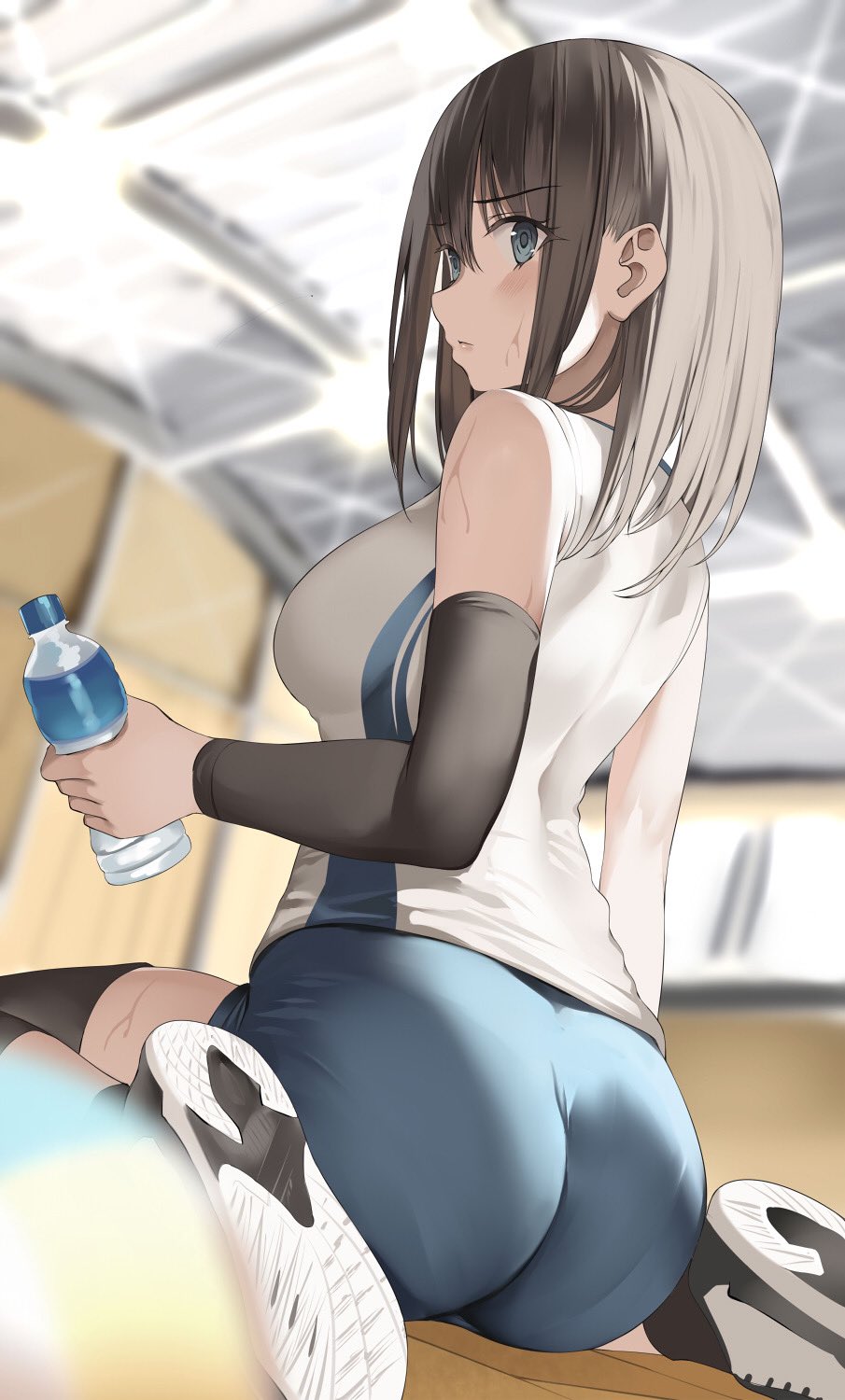 ass black_hair blue_eyes blurry blurry_background bottle breasts female highres holding holding_bottle indoors kureha_(ironika) looking_at_viewer looking_back medium_breasts on_floor original shoes shorts sneakers solo sportswear sweat tsubasa_(kureha)