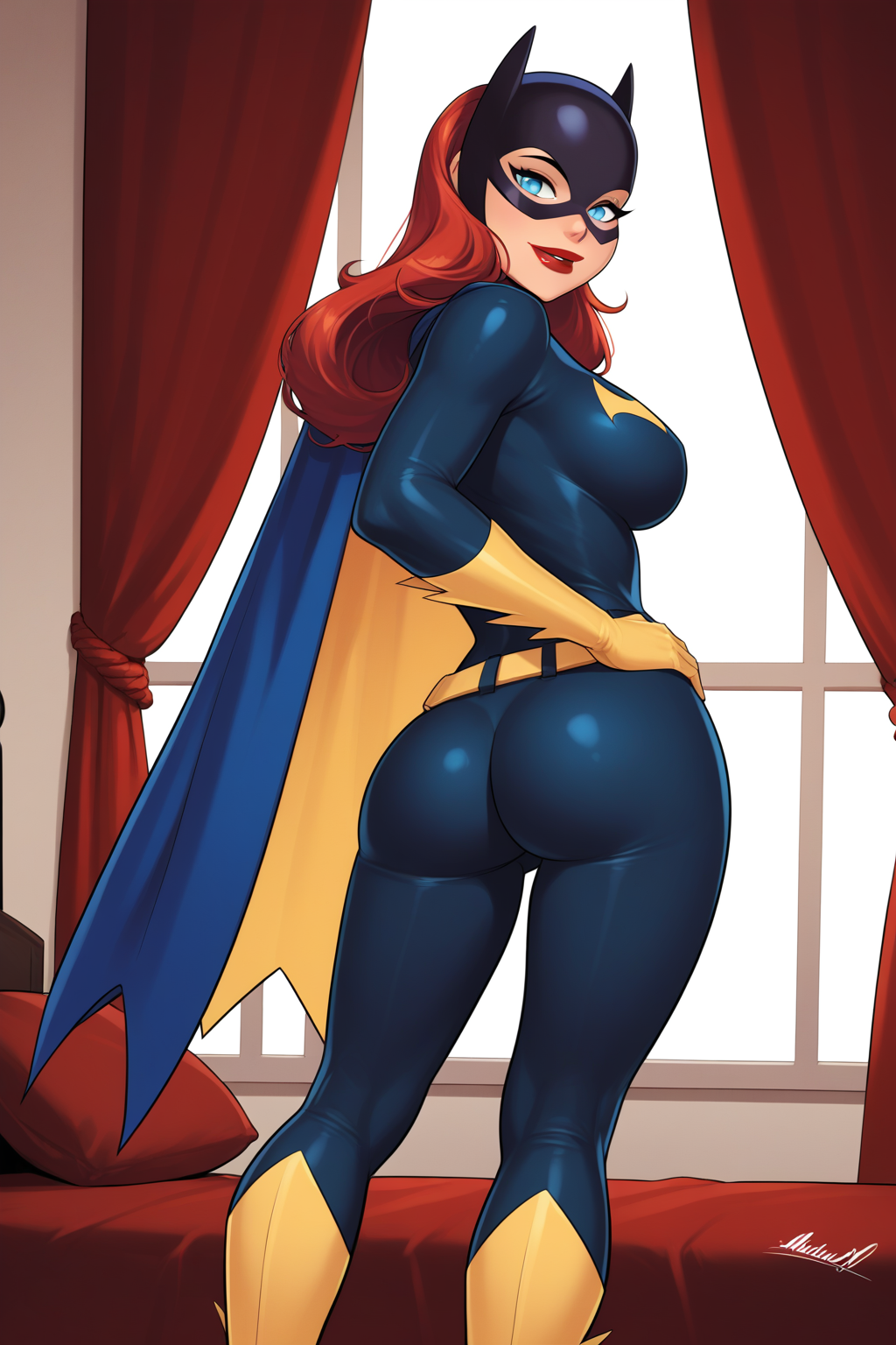 1girl 1girls 2024 2024s ai_generated artist_request ass barbara_gordon bat_ears batgirl batman_(series) bed bedroom bedroom_background big_ass big_breasts big_butt blue_eyes bodysuit boots breasts cape dat_ass dat_butt dc dc_comics dcau female female_focus female_only hand_on_hip hourglass_figure large_breasts long_hair looking_at_viewer looking_back looking_back_at_viewer makeup masked_female onepieceborne_(artist) pony_diffusion_(model) pony_diffusion_xl rear_view red_hair red_lipstick solo stable_diffusion standing superheroine tagme the_new_batman_adventures thick thick_ass thick_butt thick_thighs thigh_gap thighs tight_clothing warner_brothers wide_hips window yellow_gloves