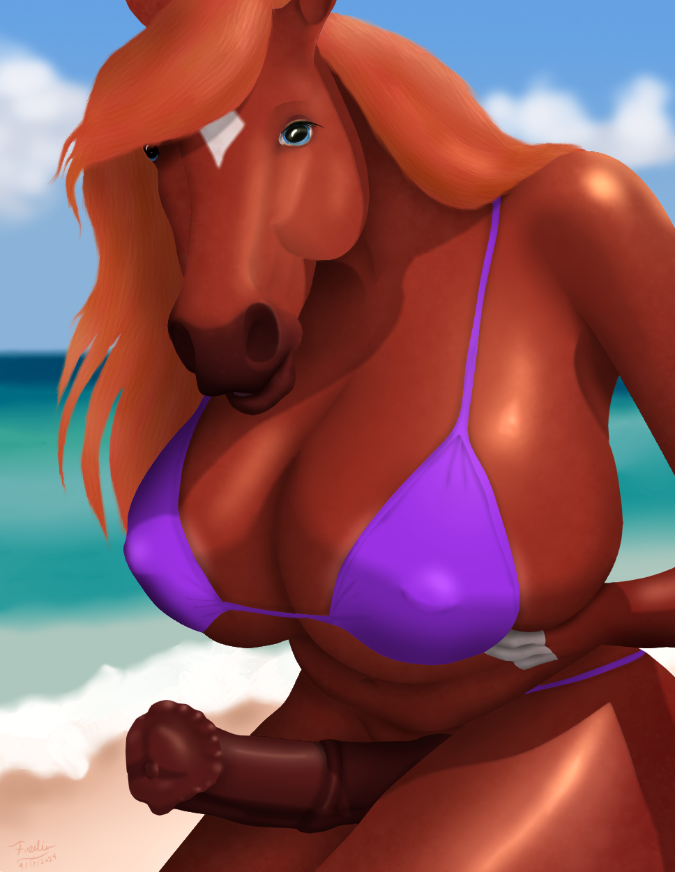 2024 animal_genitalia animal_penis anthro areola areola_slip barely_contained barely_contained_breasts beach big_breasts big_penis bikini bikini_top blue_eyes bottomless breasts clothed clothing curvy_figure equid equine equine_genitalia equine_penis erection fur fusilier genitals gynomorph hair hand_on_breast head_markings hi_res horse huge_breasts intersex leaning leaning_forward long_hair looking_at_viewer mammal markings nipple_outline outside overweight overweight_gynomorph overweight_intersex penis pink_areola rainstorm_(marefurryfan) seaside signature smile solo standing swimwear thick_thighs topwear two-piece_swimsuit voluptuous