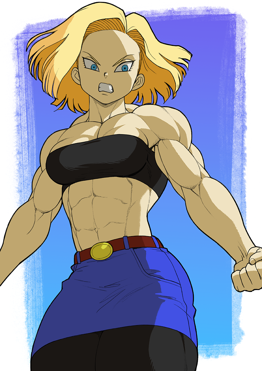 1girls abs android_18 angry_face athletic_female bandeau_bra belly biceps blonde_hair blue_eyes dragon_ball dragon_ball_z medium_breasts muscular_arms muscular_chest muscular_female muscular_legs muscular_shoulders navel pokkuti short_hair six_pack tomboy