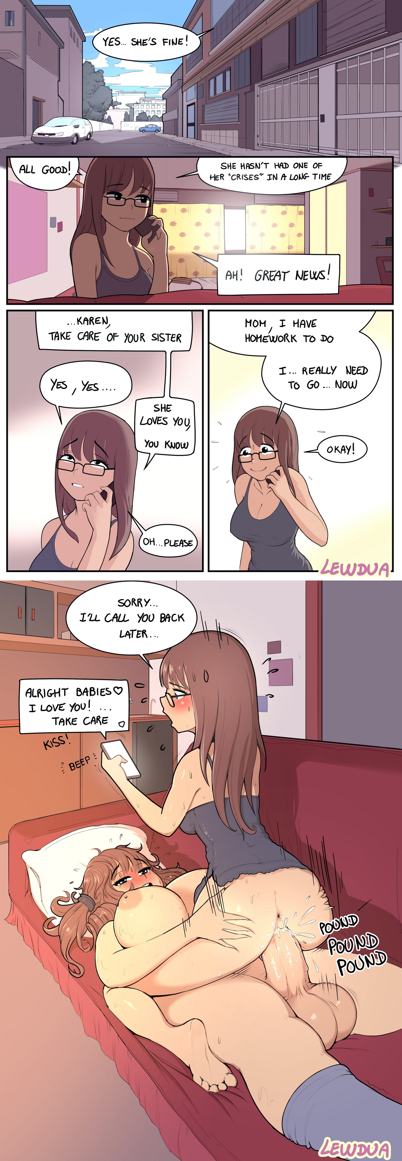 1futa, 1girls, anus, areolae, ass, balls, big breasts, blush, breasts, cowgirl position, cum, cum in pussy, cum inside, dickgirl, erection, female, futa on female, futanari, incest, intersex, karen (lewdua), large breasts, lewdua, mostly nude, natasha (lewdua), nipples, nude, nude futa, original, penetration, penis, pussy, sex, siblings, sisters, speech bubble, sweat, testicles, text, vaginal penetration