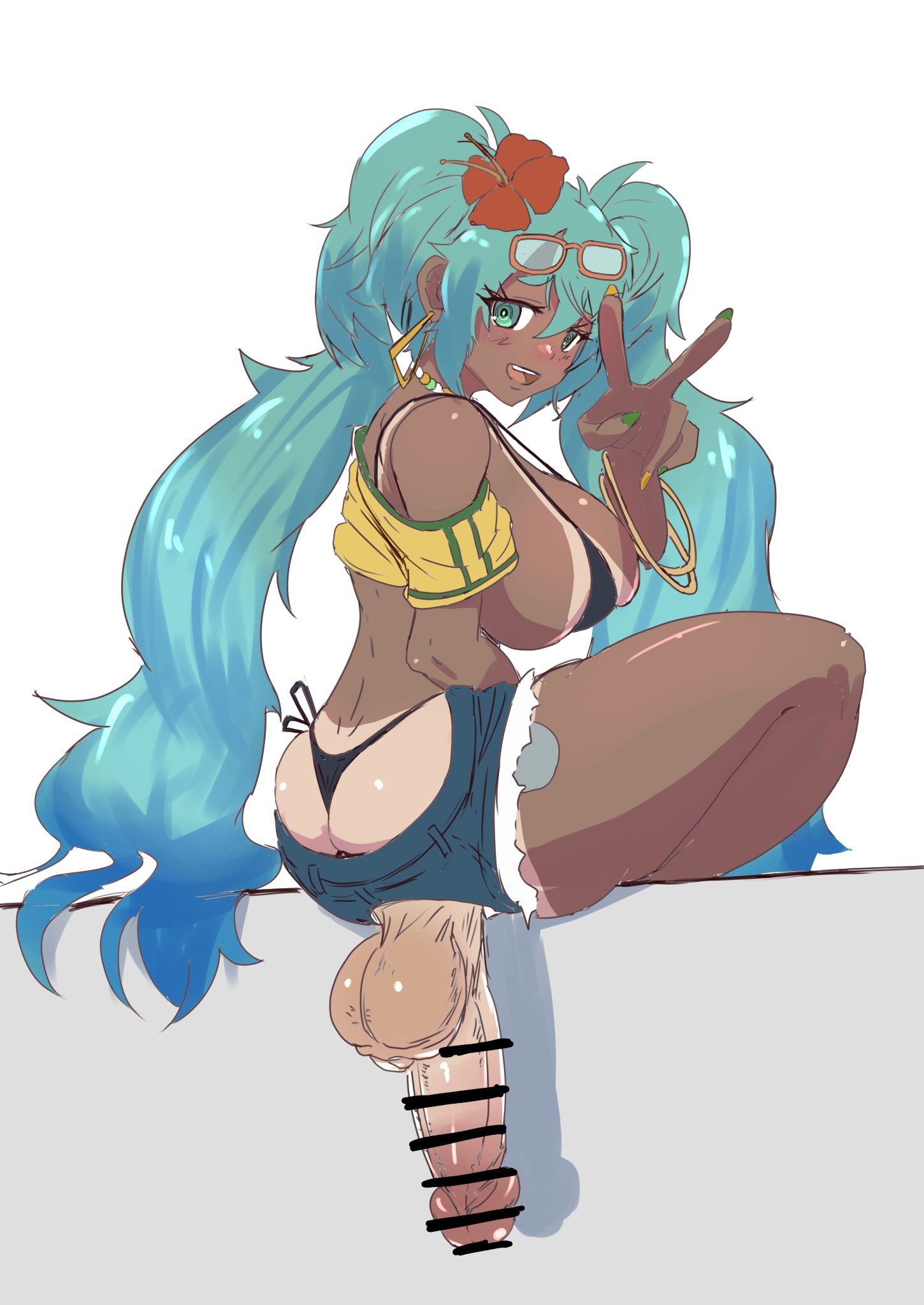 1girl, aqua eyes, aqua hair, artist request, ass, backsack, balls, ballsack, bar censor, big penis, bikini, black bikini, blue hair, blush, bracelet, brazil, brazilian, brazilian futa, brazilian miku, breasts, censored, dark skin, dark-skinned female, denim, denim shorts, earrings, erection, eyewear on head, flower, futa only, futanari, hair flower, hair ornament, hatsune miku, intersex, jewelry, large breasts, large penis, latin american hatsune miku (meme), long hair, looking at viewer, nail polish, open mouth, penis, shorts, sideboob, sitting, smile, solo, sunglasses, swimsuit, tan, tan body, tan skin, tanline, tanlines, teeth, testicles, thong, thong bikini, twintails, v, veins, veiny penis, very long hair, vocaloid, white background