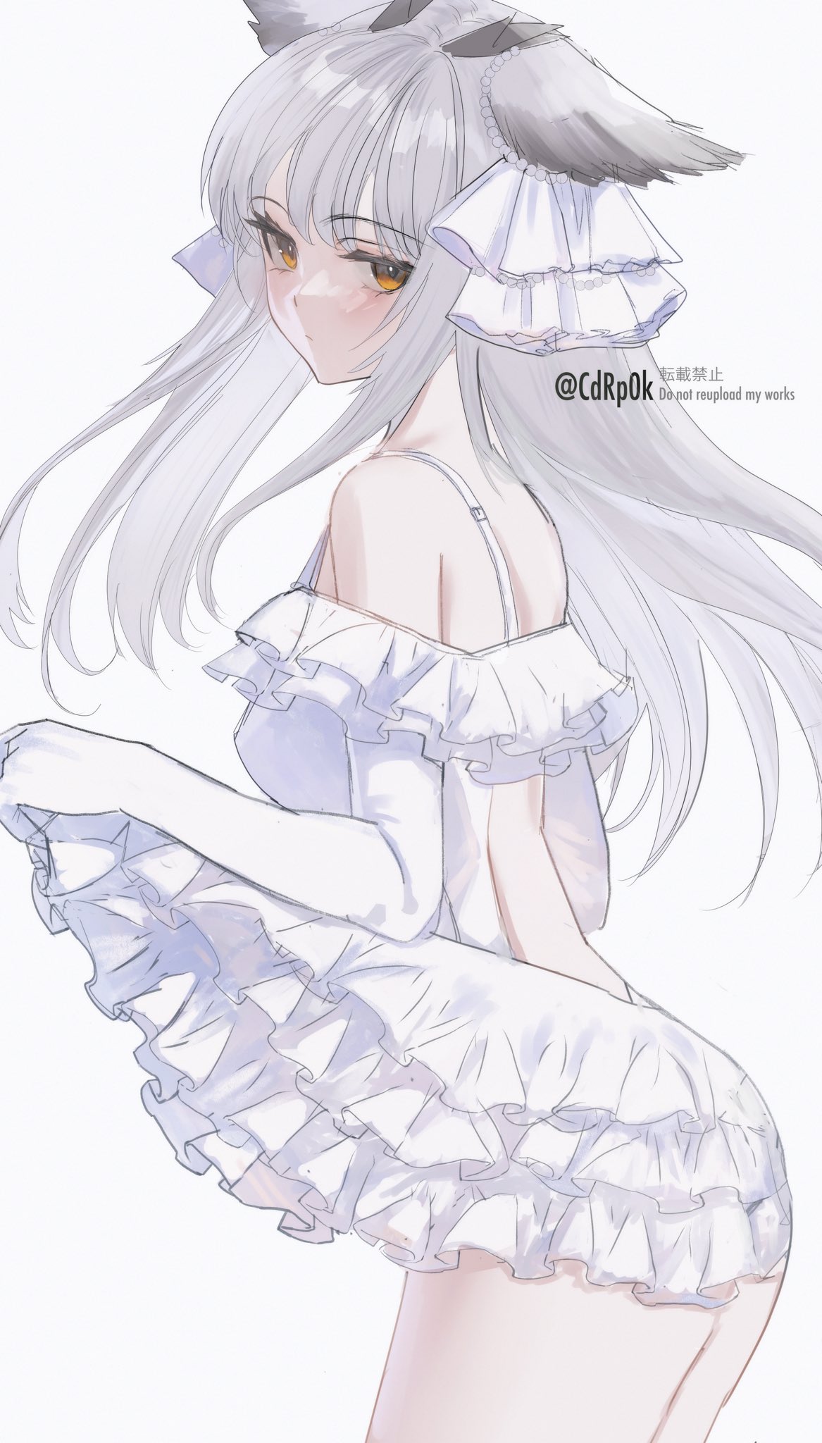 arknights bare_back bare_shoulders bird_wings cdrp0k dress female headpiece highres long_hair looking_at_viewer looking_to_the_side miniskirt ptilopsis_(arknights) serious skirt wedding_dress white_background white_dress white_hair white_skirt wings yellow_eyes