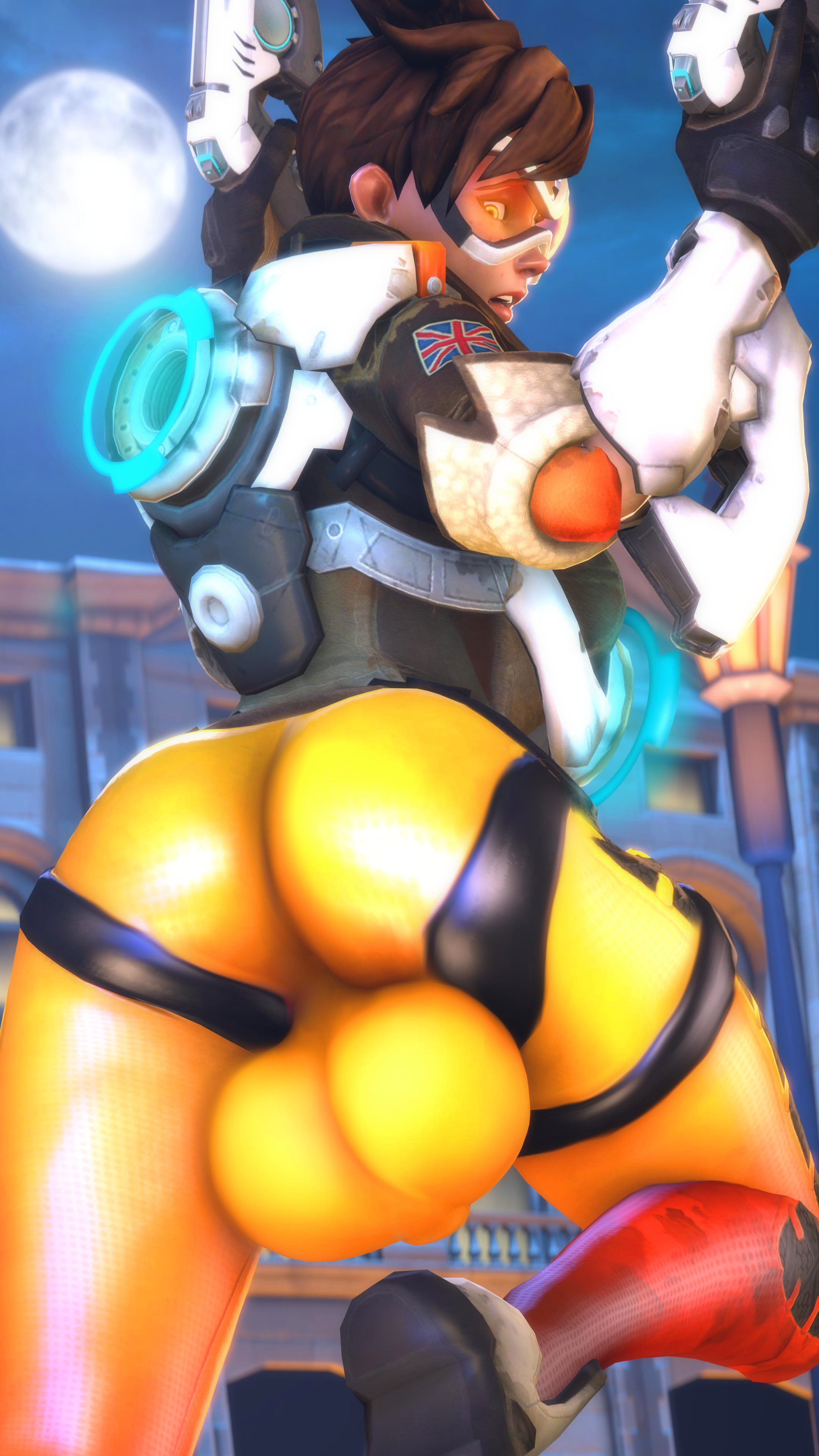 1futa, 3d, absurdres, ass, balls, bulge, dickgirl, futa only, futanari, highres, huge balls, huge testicles, intersex, overwatch, rattledbonezone, solo, solo futa, source filmmaker, testicles, tight clothing, tracer