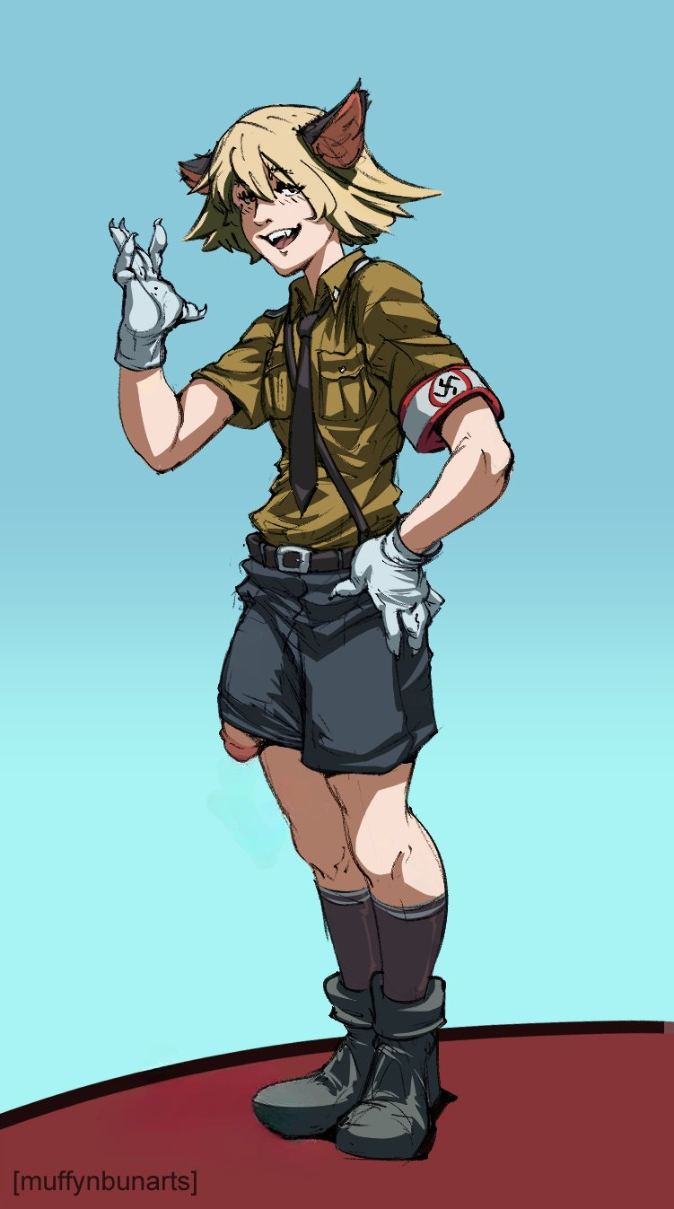 1boy androgynous animal_ears belt black_shorts black_socks blonde_hair boots bulge cat_boy cat_ears claws erection erection_under_clothes fangs gloves hand_on_own_hip hellsing highres large_penis male_focus muffynbunarts nazi necktie penis penis_peek schrodinger schroedinger_(hellsing) sharp_teeth short_hair shorts skinny smile socks solo standing swastika teeth third-party_edit uniform young