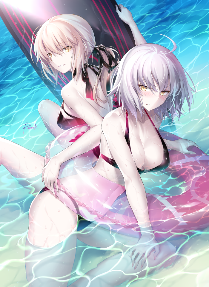 2girls artoria_pendragon_(alter) bikini blush fate/grand_order fate_(series) female_only jeanne_alter kousaki_rui looking_back mitsuzaki_(artist) swimsuit tagme water wet