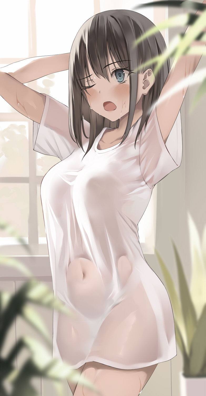 arms_behind_head arms_up black_hair blush breasts commentary_request covered_navel female grey_eyes highres indoors kureha_(ironika) large_breasts looking_ahead medium_hair naked_shirt navel one_eye_closed open_mouth original plant potted_plant see-through see-through_shirt shirt short_sleeves solo tsubasa_(kureha) white_shirt