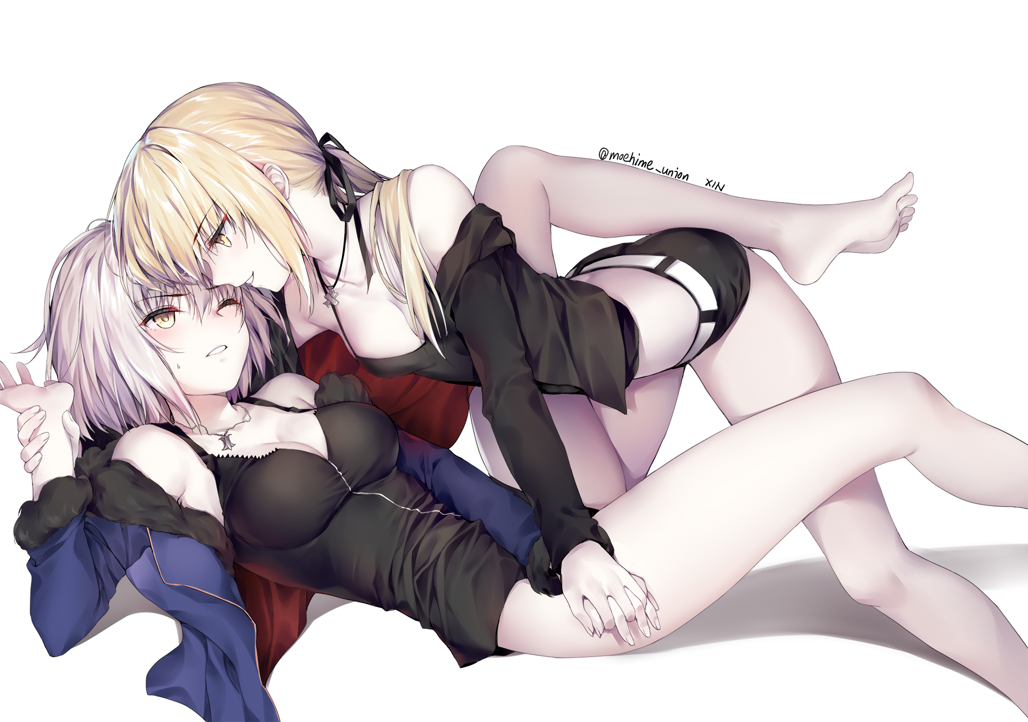 2girls, artoria pendragon (alter), breasts, fate (series), fate/grand order, female, female only, imminent sex, jeanne alter, lying, on top, suggestive, yuri