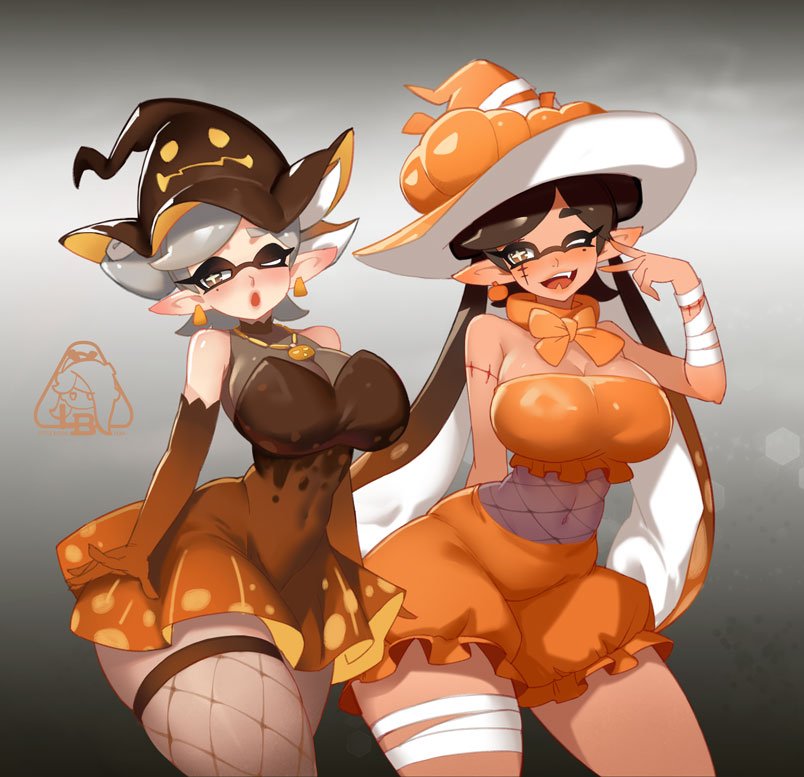 2girls alternate_costume breasts callie_(splatoon) callie_(splatoween) halloween halloween_costume large_breasts little_blood marie_(splatoon) marie_(splatoween) multiple_girls nintendo splatoon splatoon_(series) splatoon_1