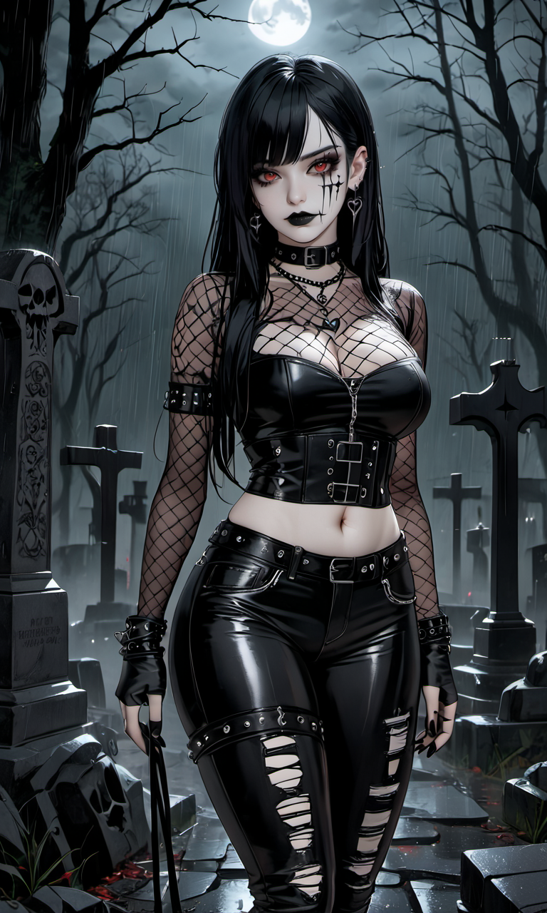 ai_generated black_hair black_legwear cemetery choker chrimbus cleavage collar earrings fingerless_gloves fishnets goth goth_girl graveyard leather navel original_character pale_skin piercing red_eyes ripped_clothing tight_clothes