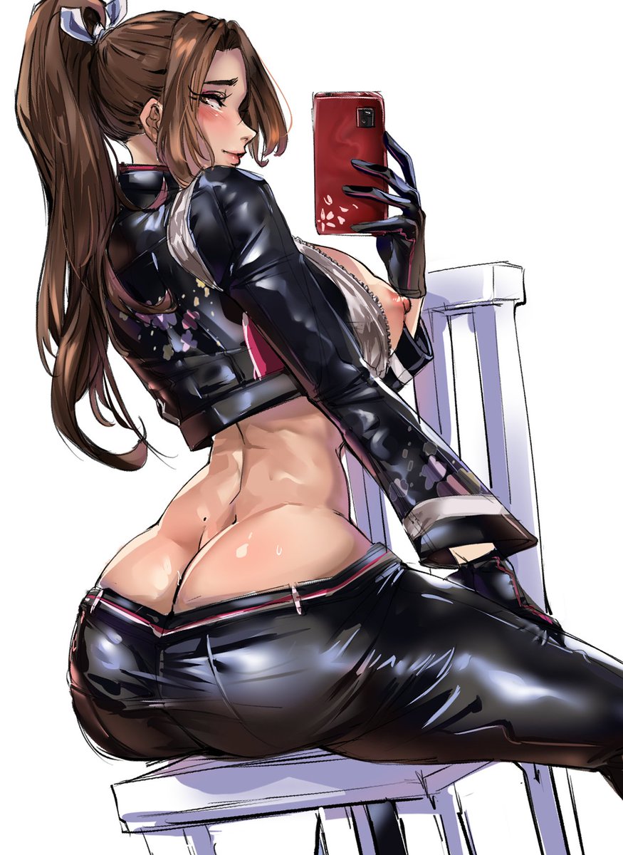 1girls 2d 2d_(artwork) absurdres asian asian_female ass black_gloves black_jumpsuit black_pants bonemanjake breasts breasts_out breasts_out_of_clothes brown_eyes brown_hair butt_crack cellphone chair cleavage fatal_fury fatal_fury:_city_of_the_wolves female_focus female_ninja female_only from_behind from_behind_position gloves high_ponytail highres holding holding_phone jacket japanese_female jumpsuit large_breasts light-skinned_female long_hair looking_at_viewer mai_shiranui ninja nipples nipples_outside pants ponytail revealing revealing_clothes selfie sideboob simple_background sitting_on_chair smartphone smiling_at_viewer snk soles soles_female solo solo_female solo_focus spandex taking_picture tight_pants voluptuous_female white_background