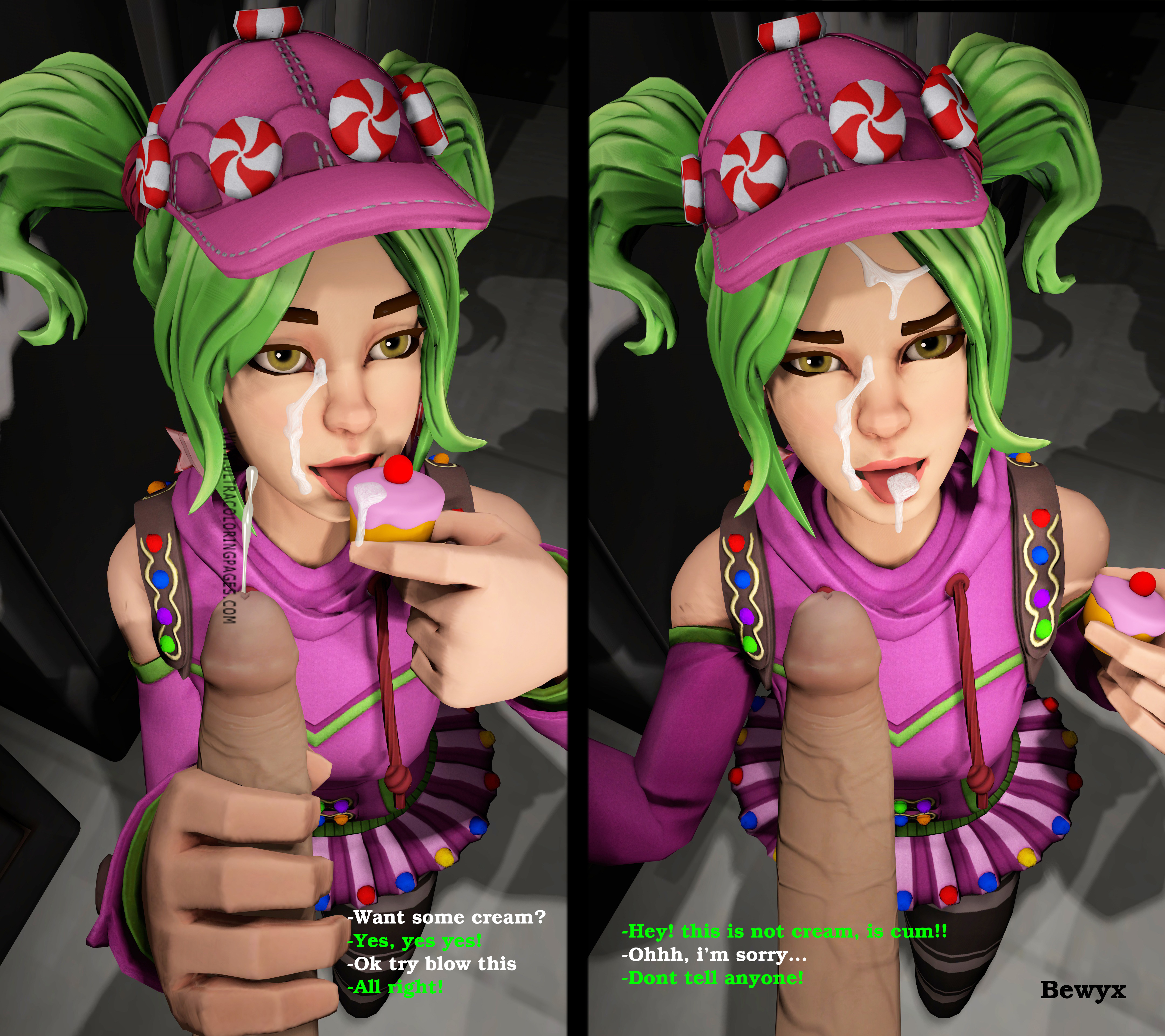 :p, 1boy, 1girls, 3d, bewyx, cum, cum in mouth, cum on face, cupcake, female, fortnite, green eyes, green hair, male, penis, tagme, zoey (fortnite)